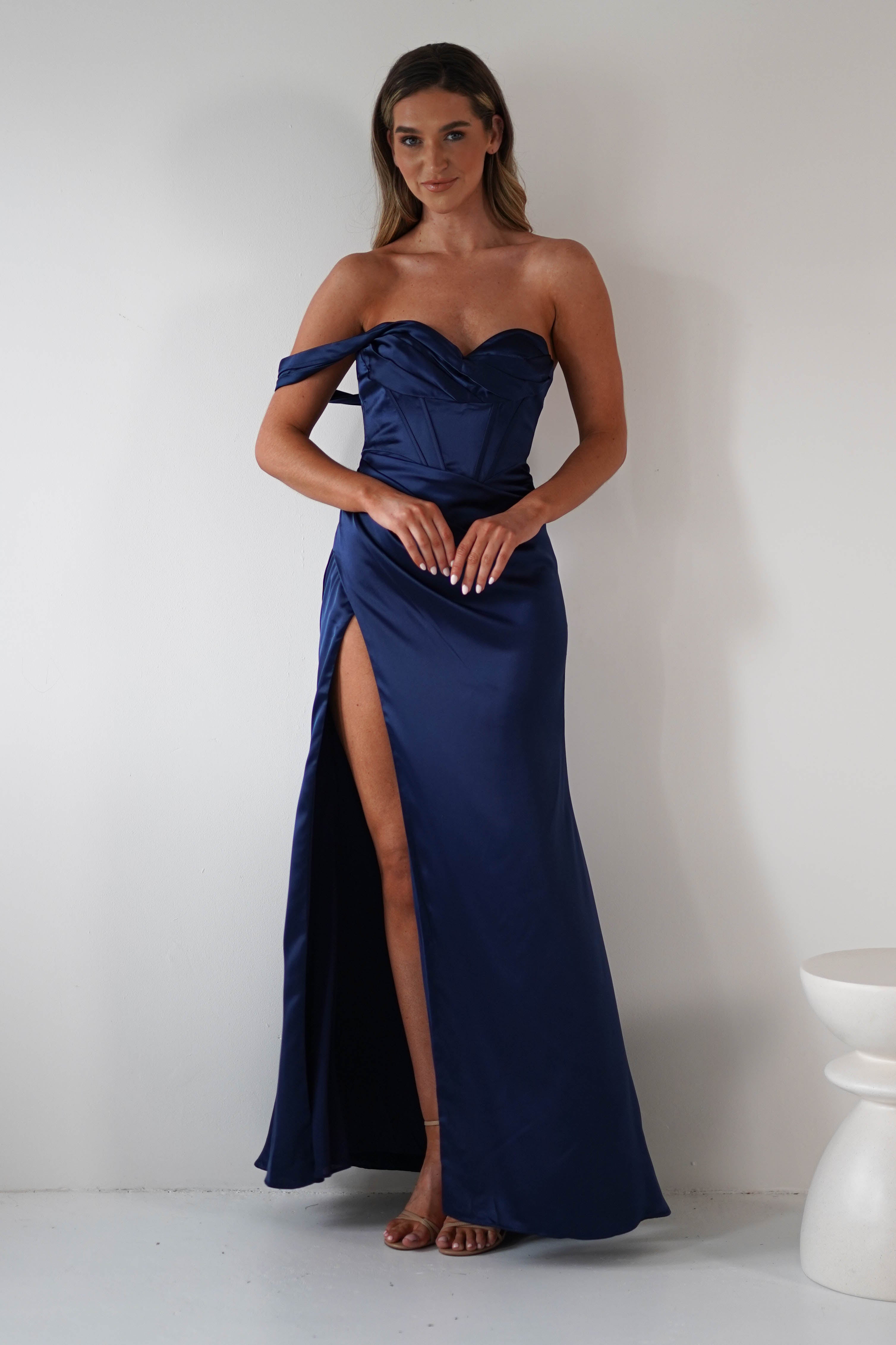 Nicolette Soft Satin Maxi Gown | Navy