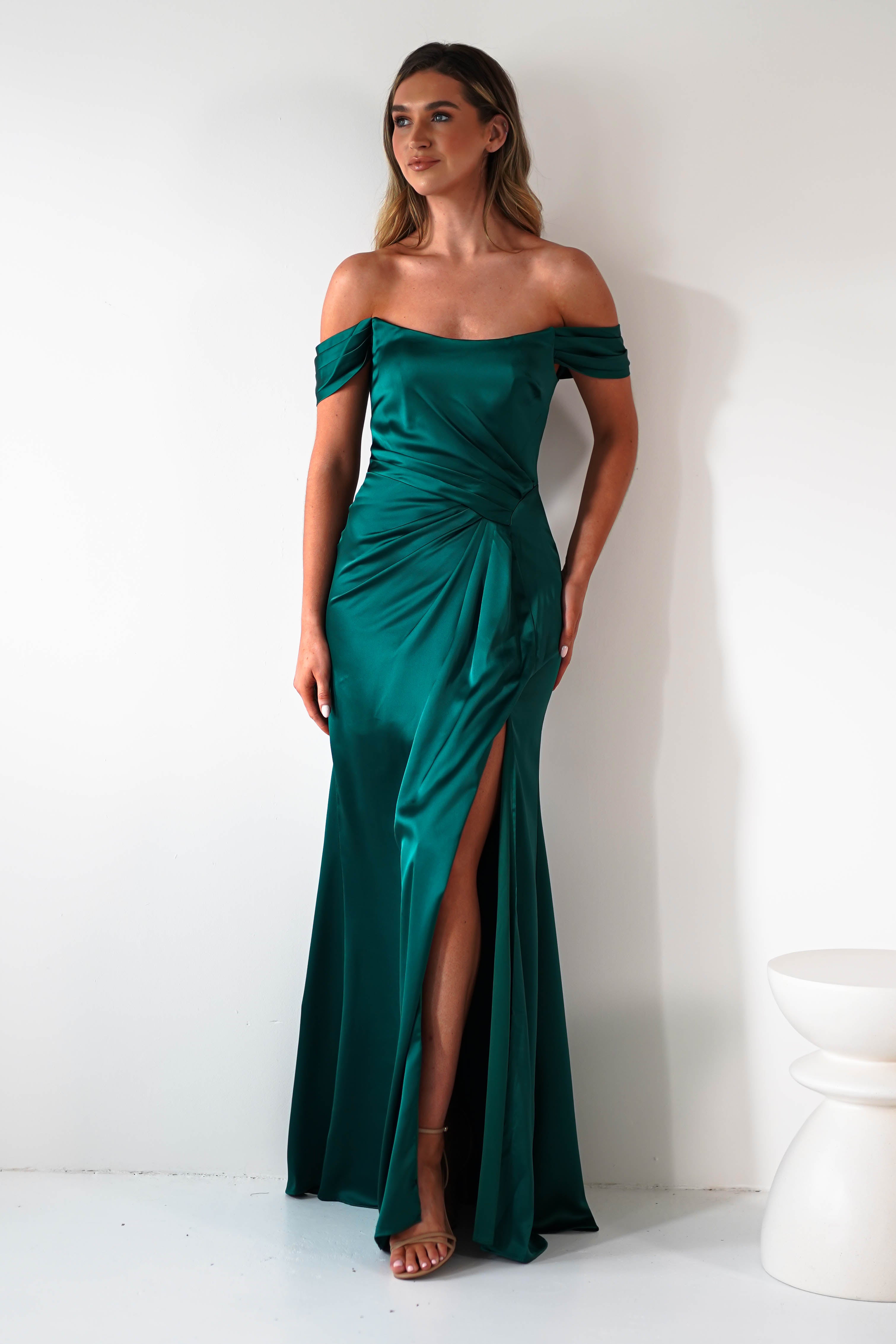 Jessi Soft Saton Maxi Gown | Emerald Green