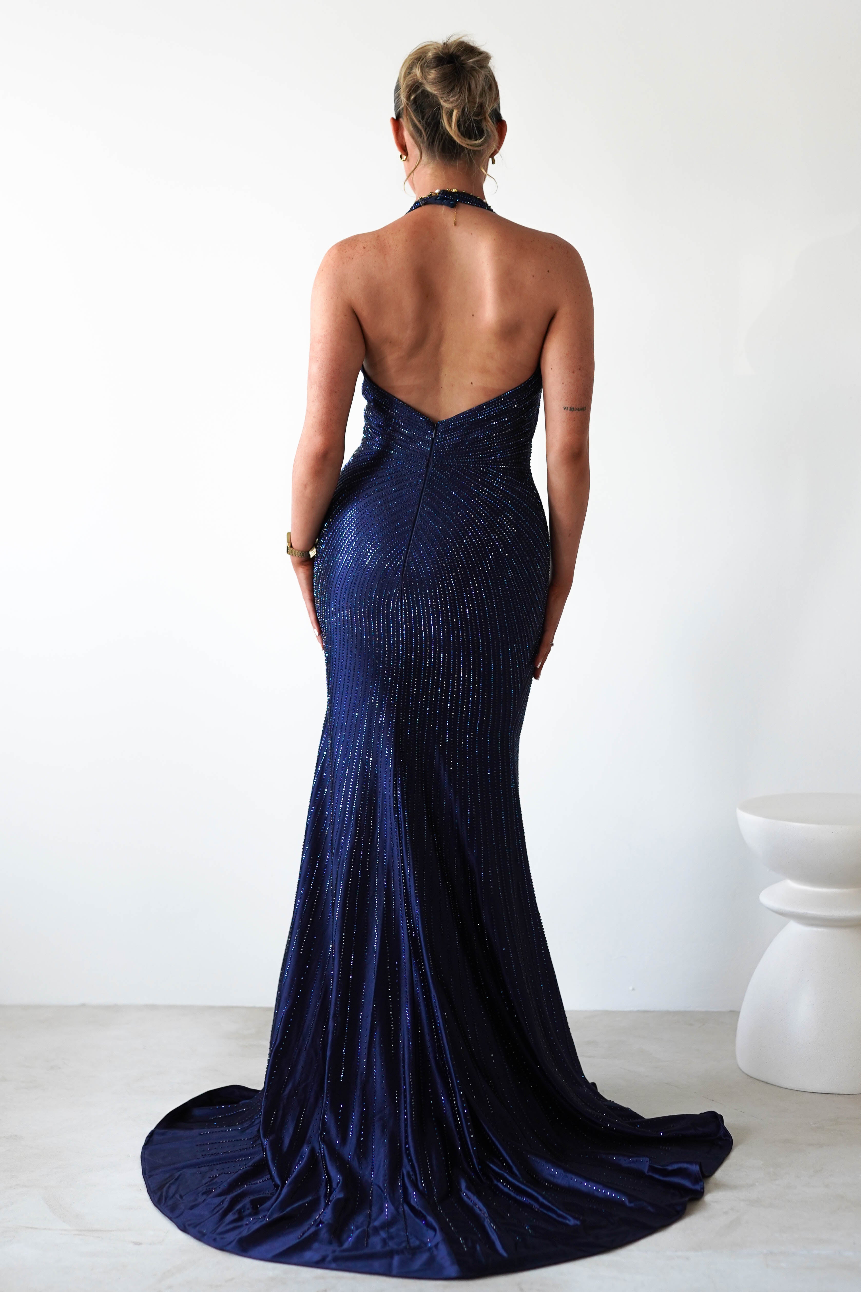 Adeline Rhinestone Halterneck Gown | Navy | Oh Hello Clothing | XS (6)