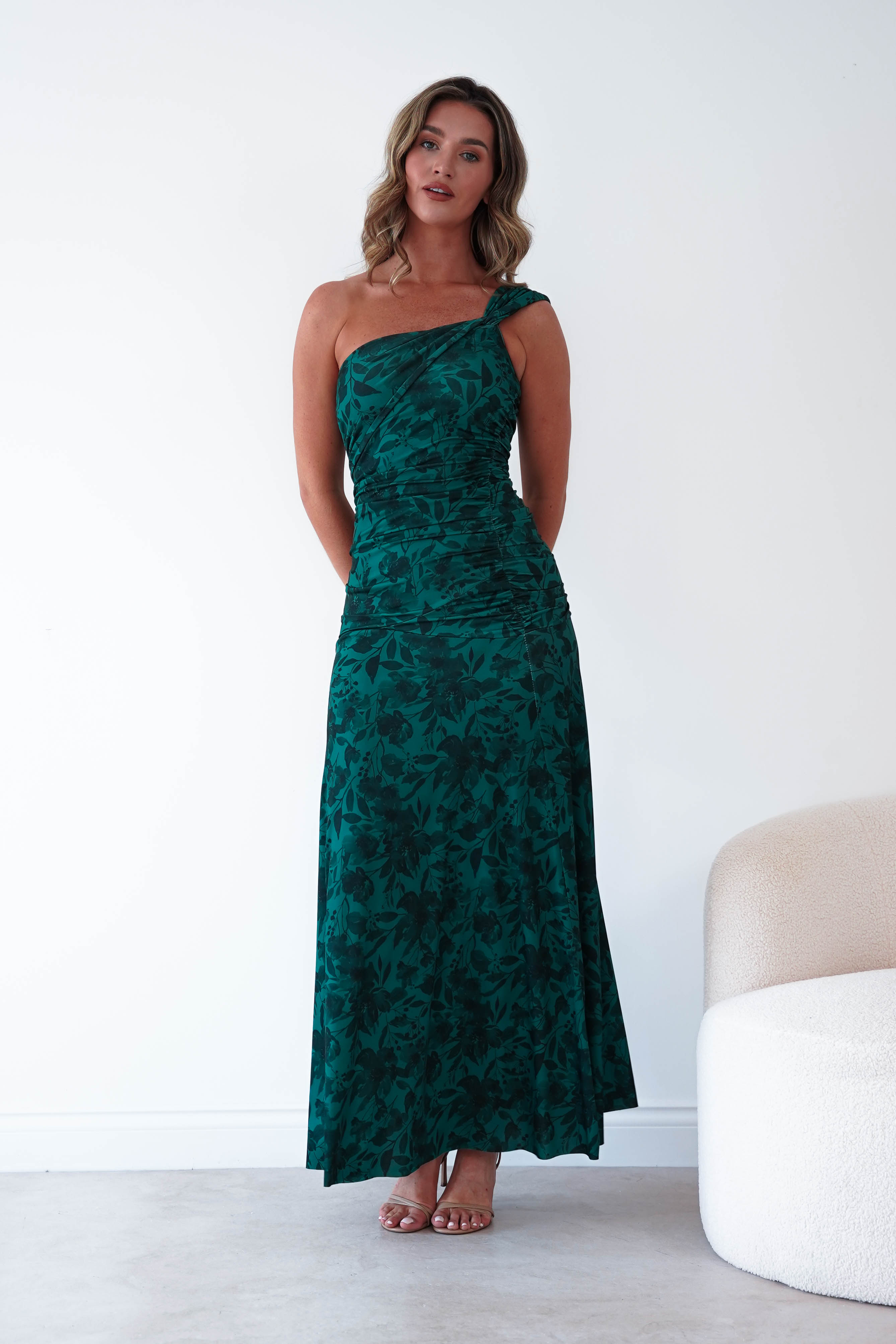 Oh Hello Clothing Women > Clothing > Dresses 1*DONE-ALBARAN- ALL ONE SIZE-Emerald Floral Ruched Maxi Skirt