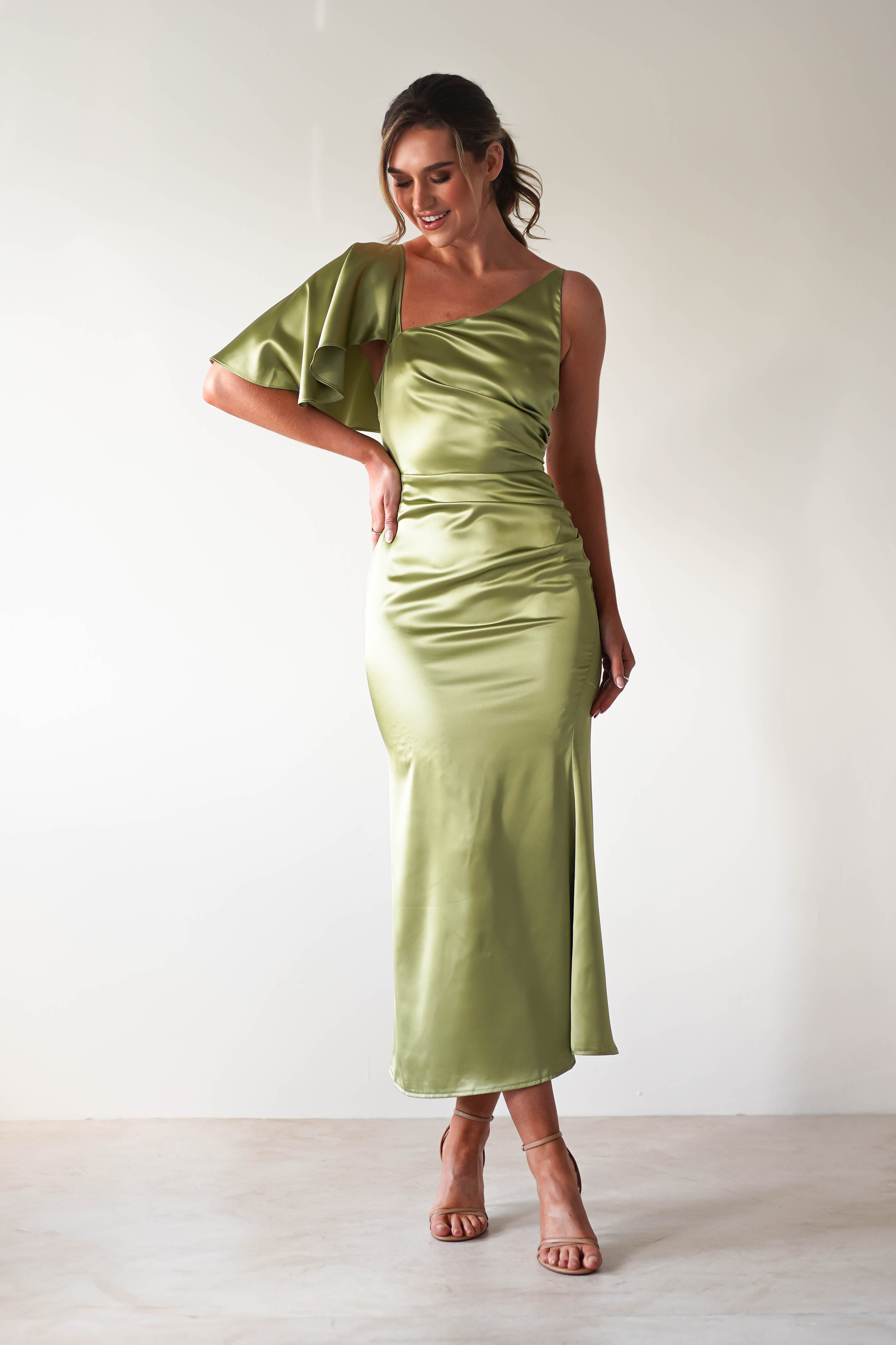 Esme Satin Midaxi Dress | Lime Green - Oh Hello Clothing