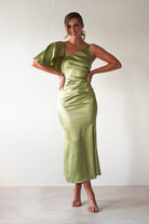 Esme Satin Midaxi Dress Lime Green | Wedding Guest Dress | Satin | Oh Hello Clothing