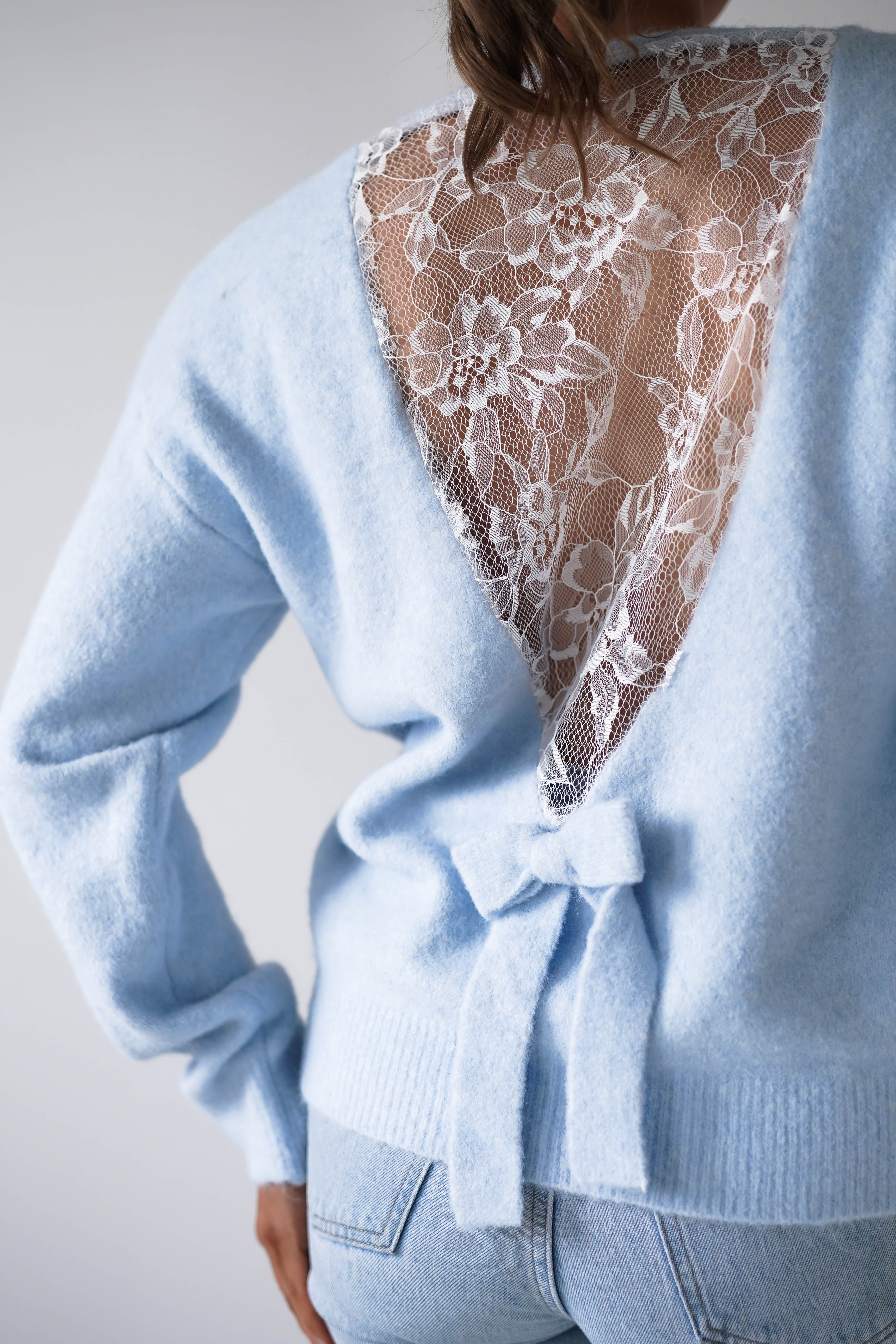 Oh Hello Clothing Women > Clothing > Knitwear ONE SIZE (6/12) 1*DONE- AZAKA-AT9460-BLUE jumper with lace back and bow detail.