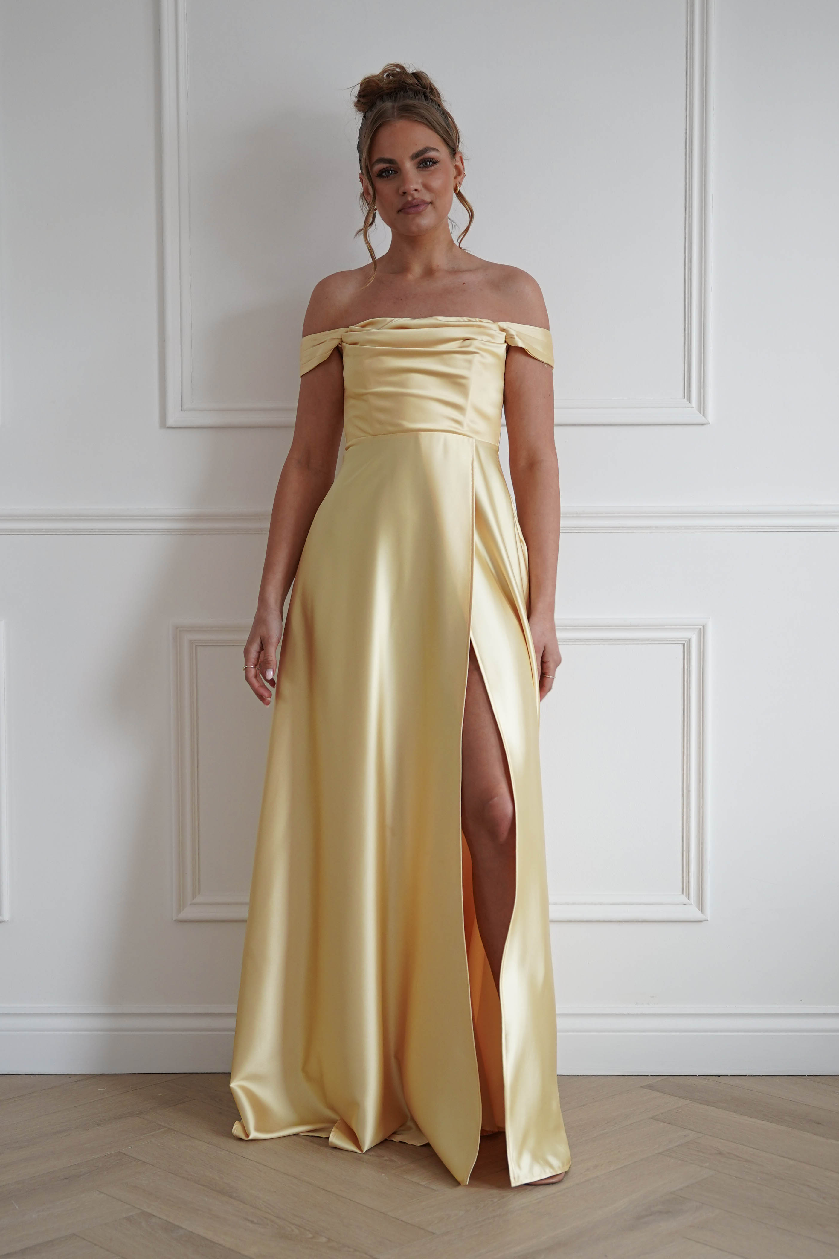 Oh Hello Clothing Women > Clothing > Dresses 1*Done-Butter Yellow Satin Maxi Dress
