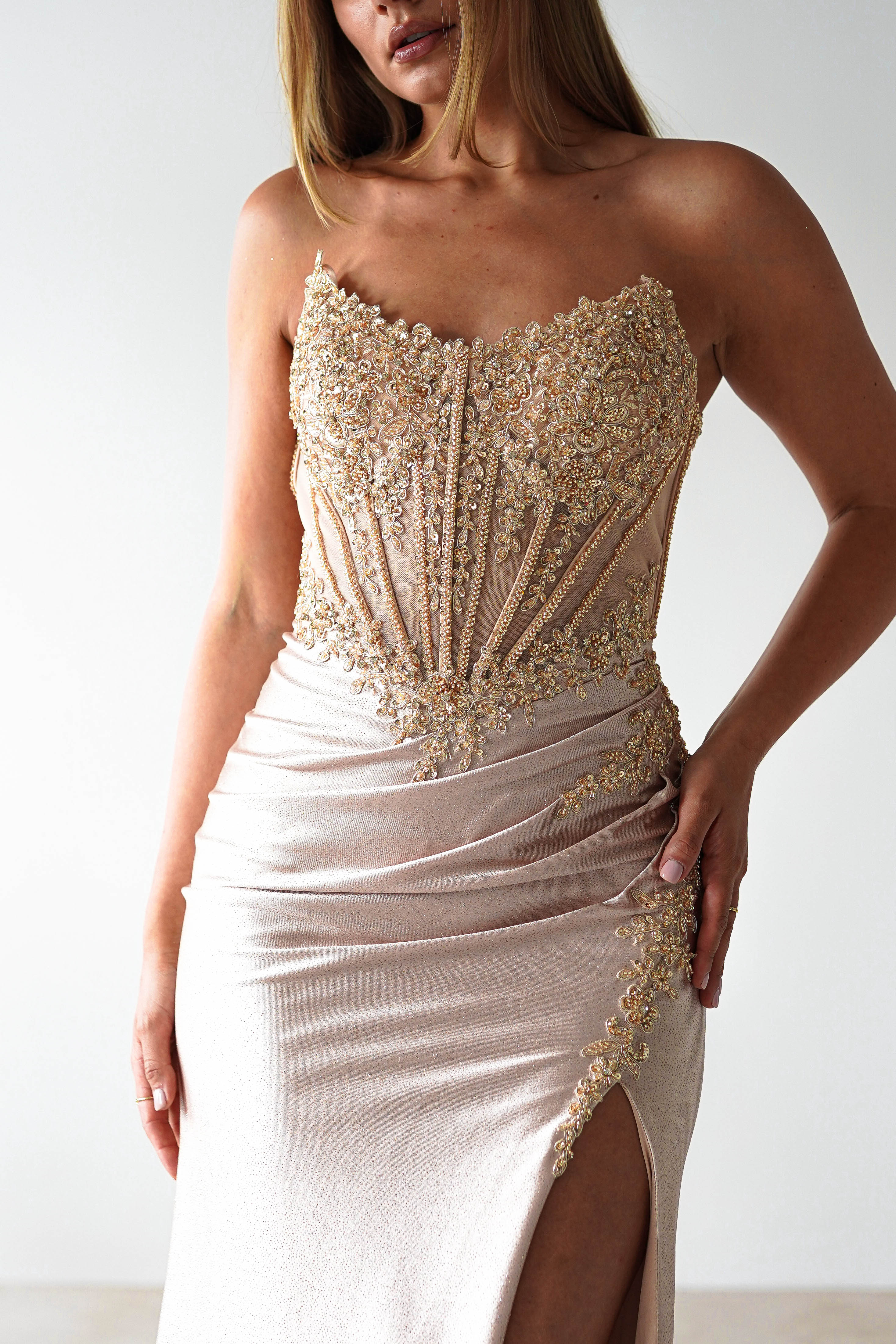 Caspian Embellished Bodycon Gown | Gold | Oh Hello Clothing | XXS (4)