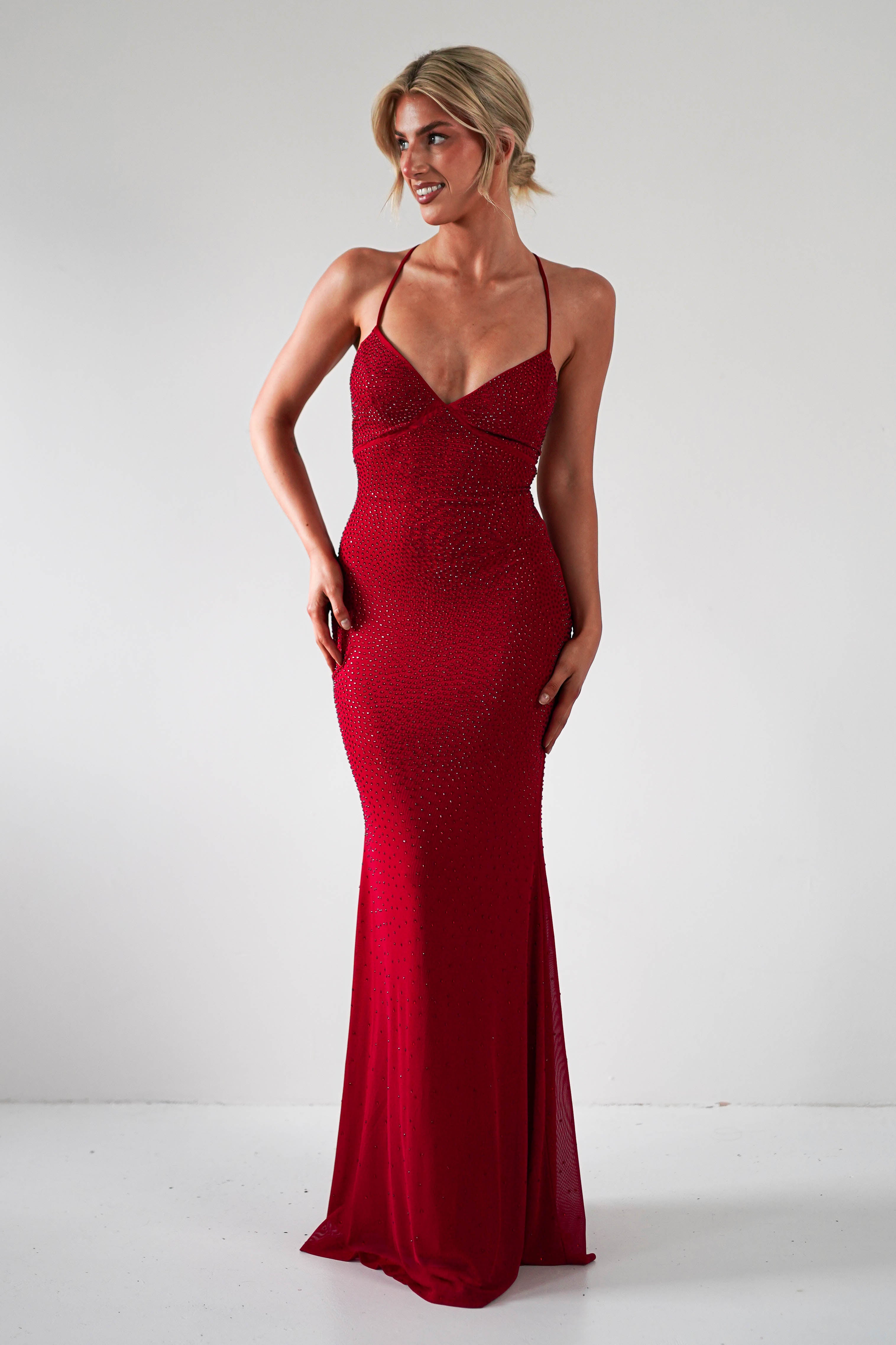 Cataleya Rhinestone Bodycon Gown | Red