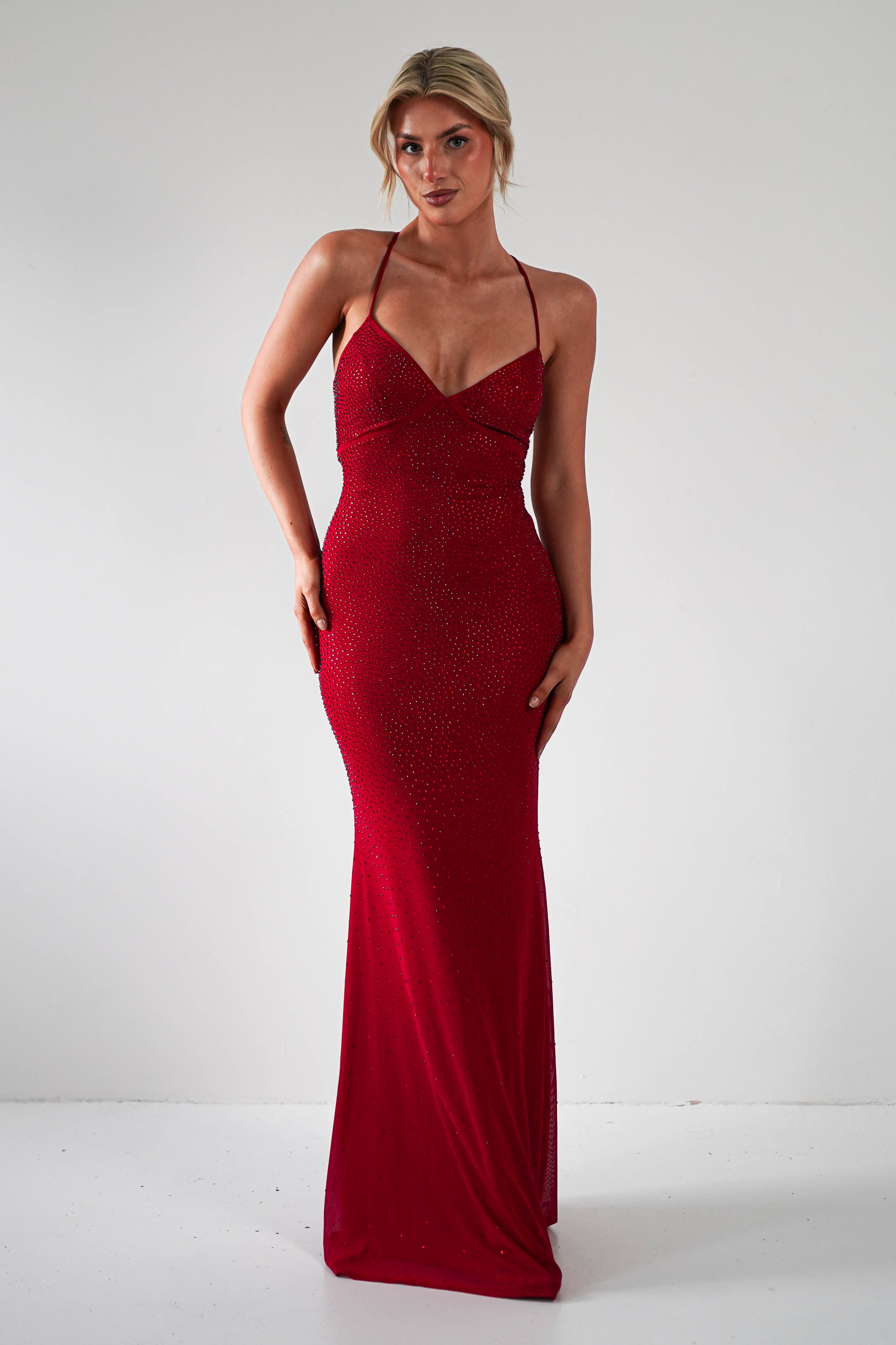 Cataleya Rhinestone Bodycon Gown | Red