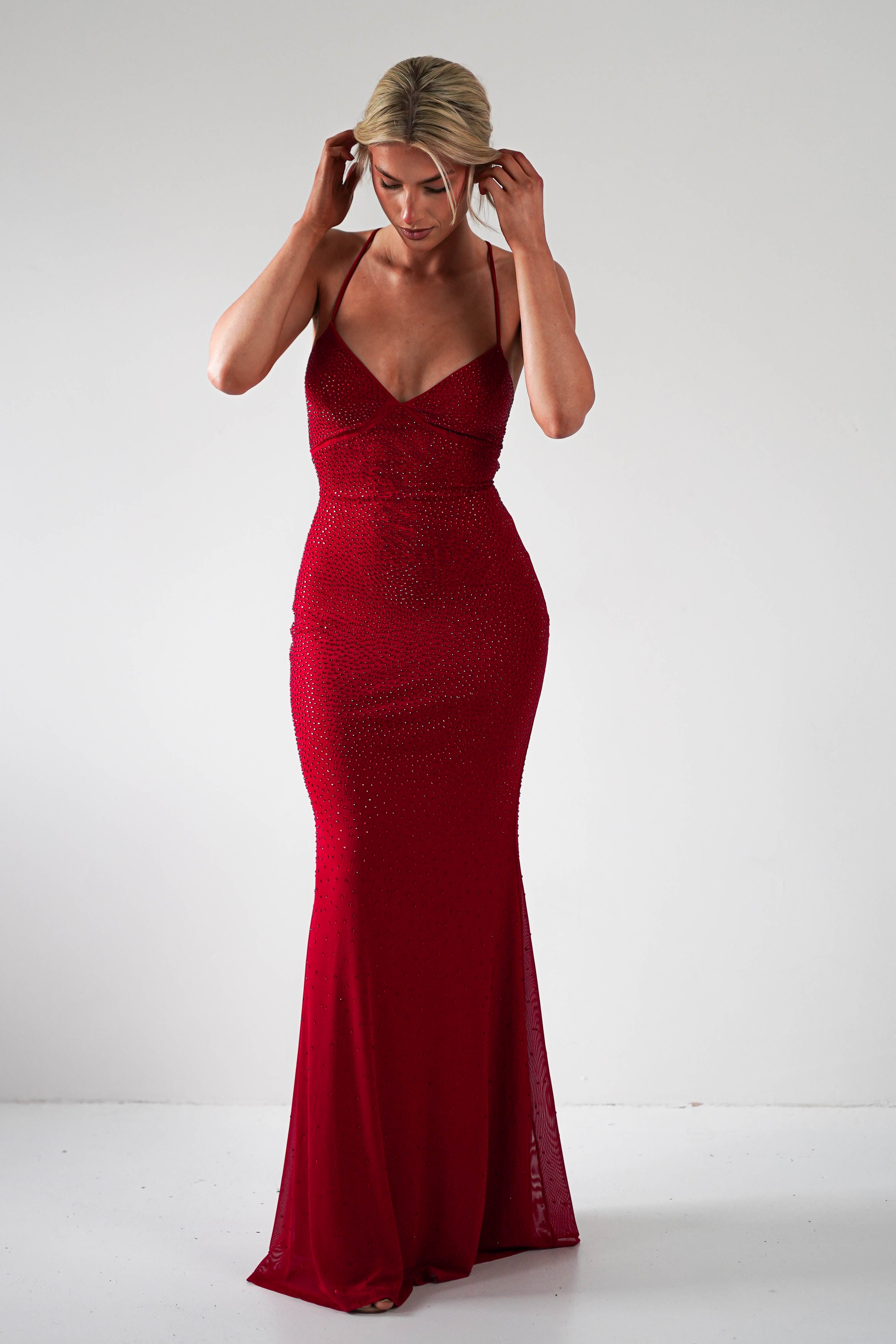 Cataleya Rhinestone Bodycon Gown | Red