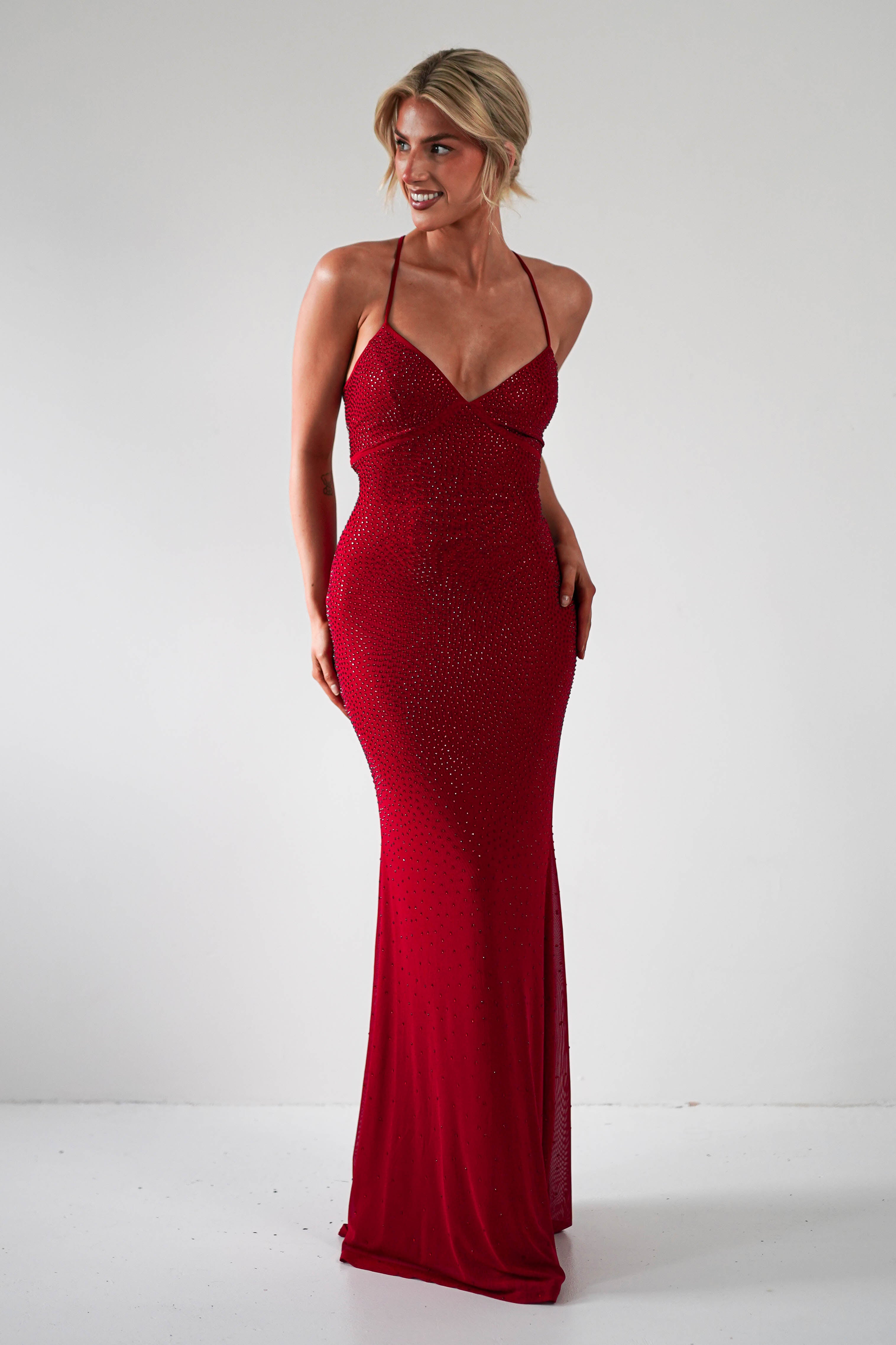 Cataleya Rhinestone Bodycon Gown | Red