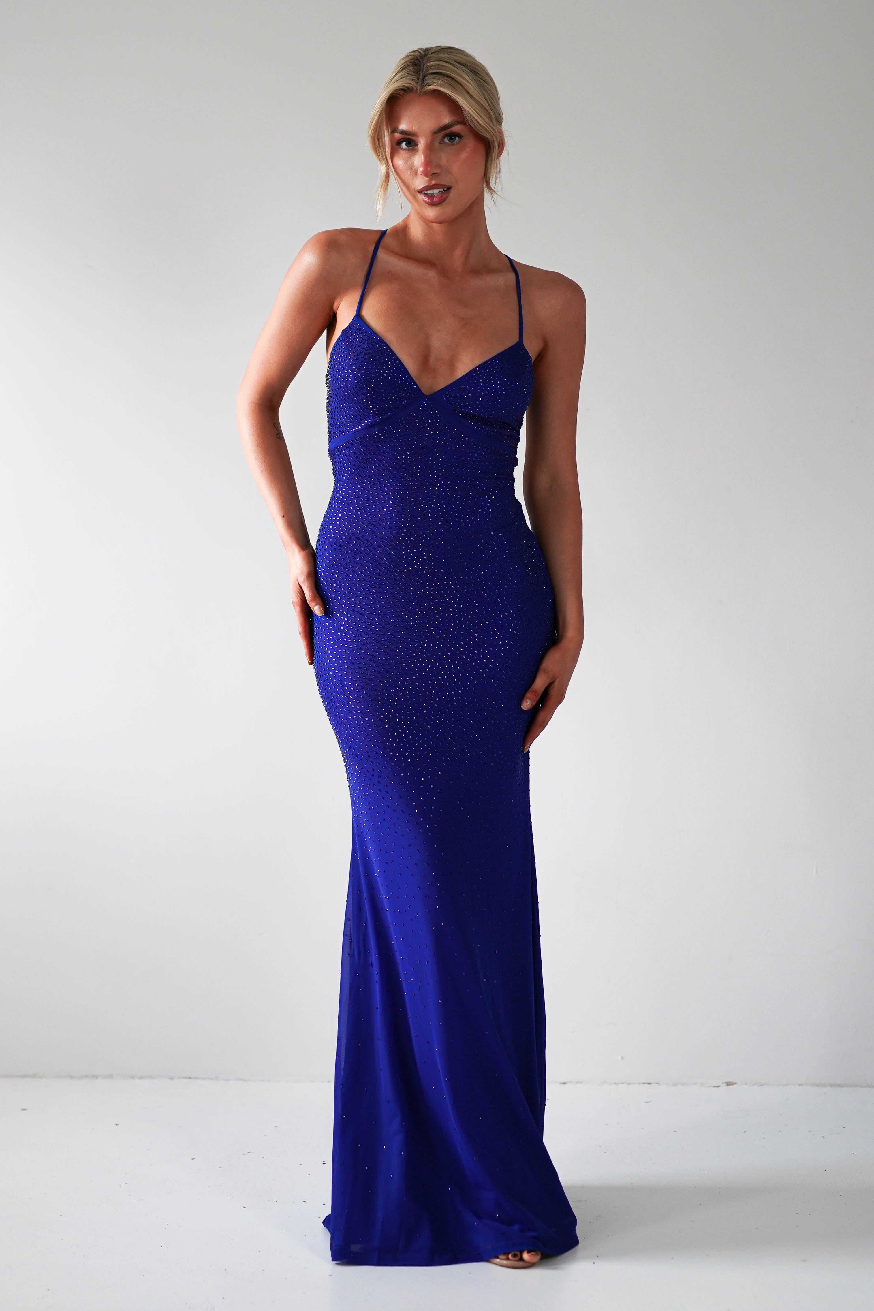 Cataleya Rhinestone Bodycon Gown | Royal Blue