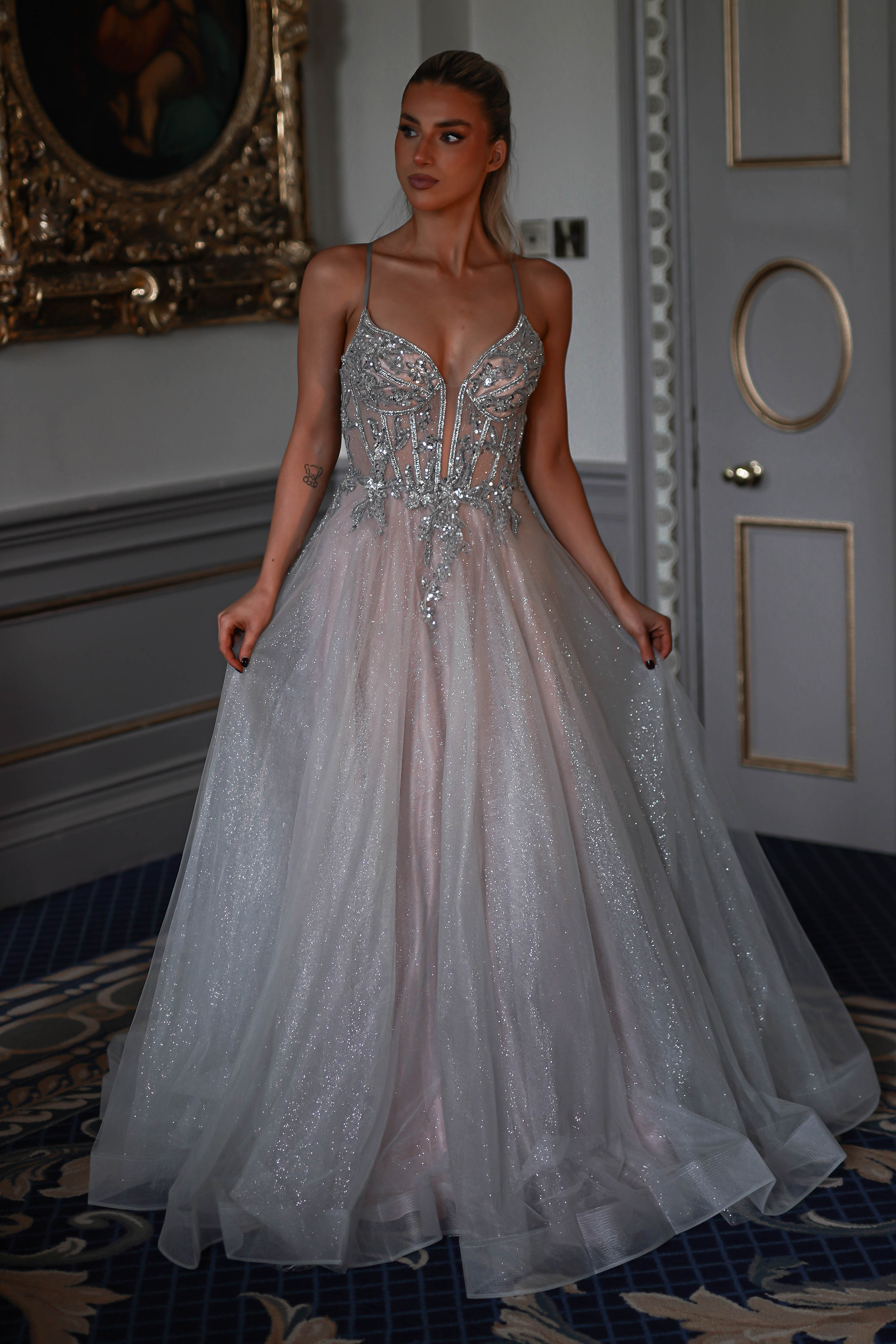 Shyla Glitter Princess Gown | Silver/Nude