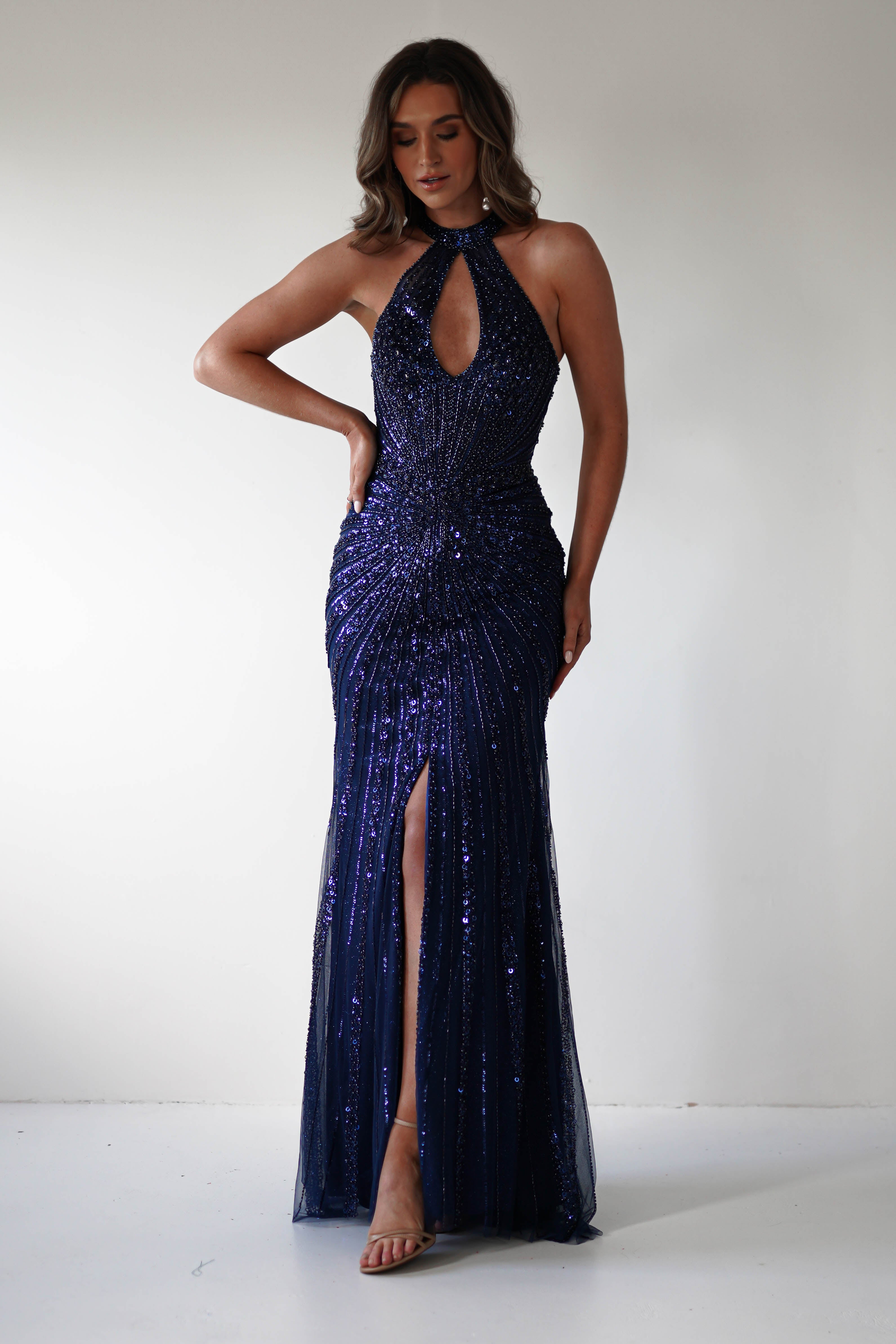 Santana Beaded Keyhole Gown | Midnight