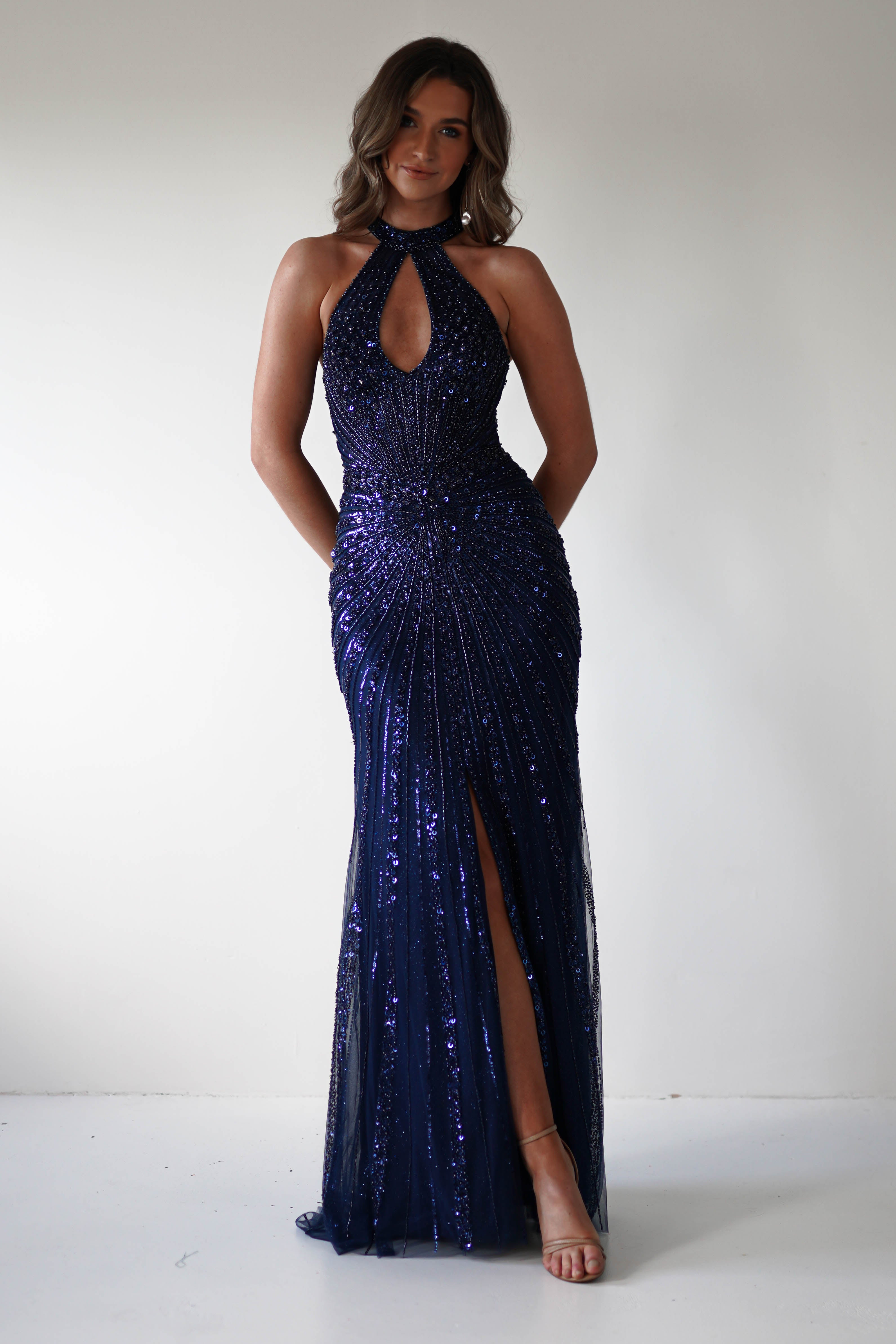 Santana Beaded Keyhole Gown | Midnight