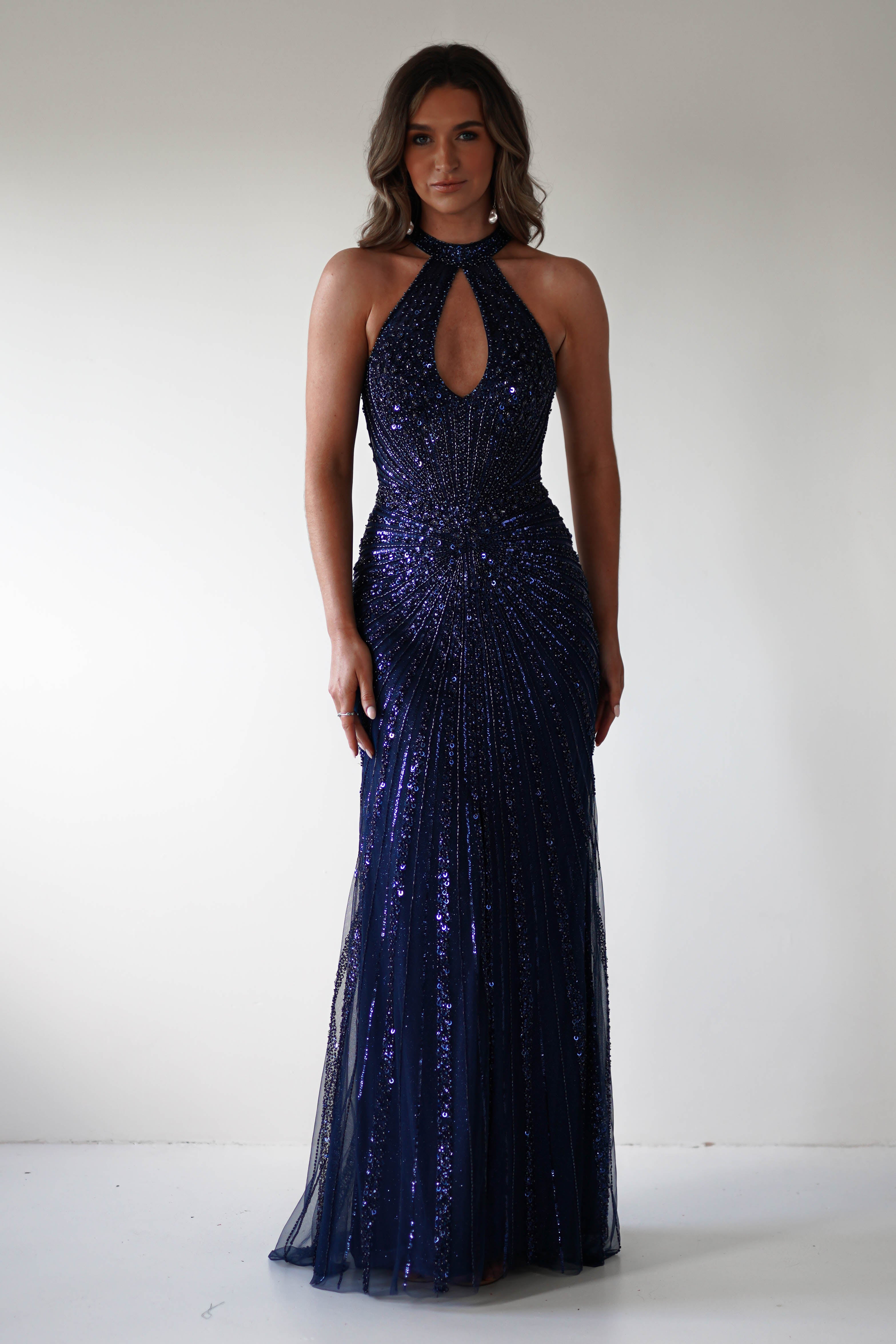 Santana Beaded Keyhole Gown | Midnight