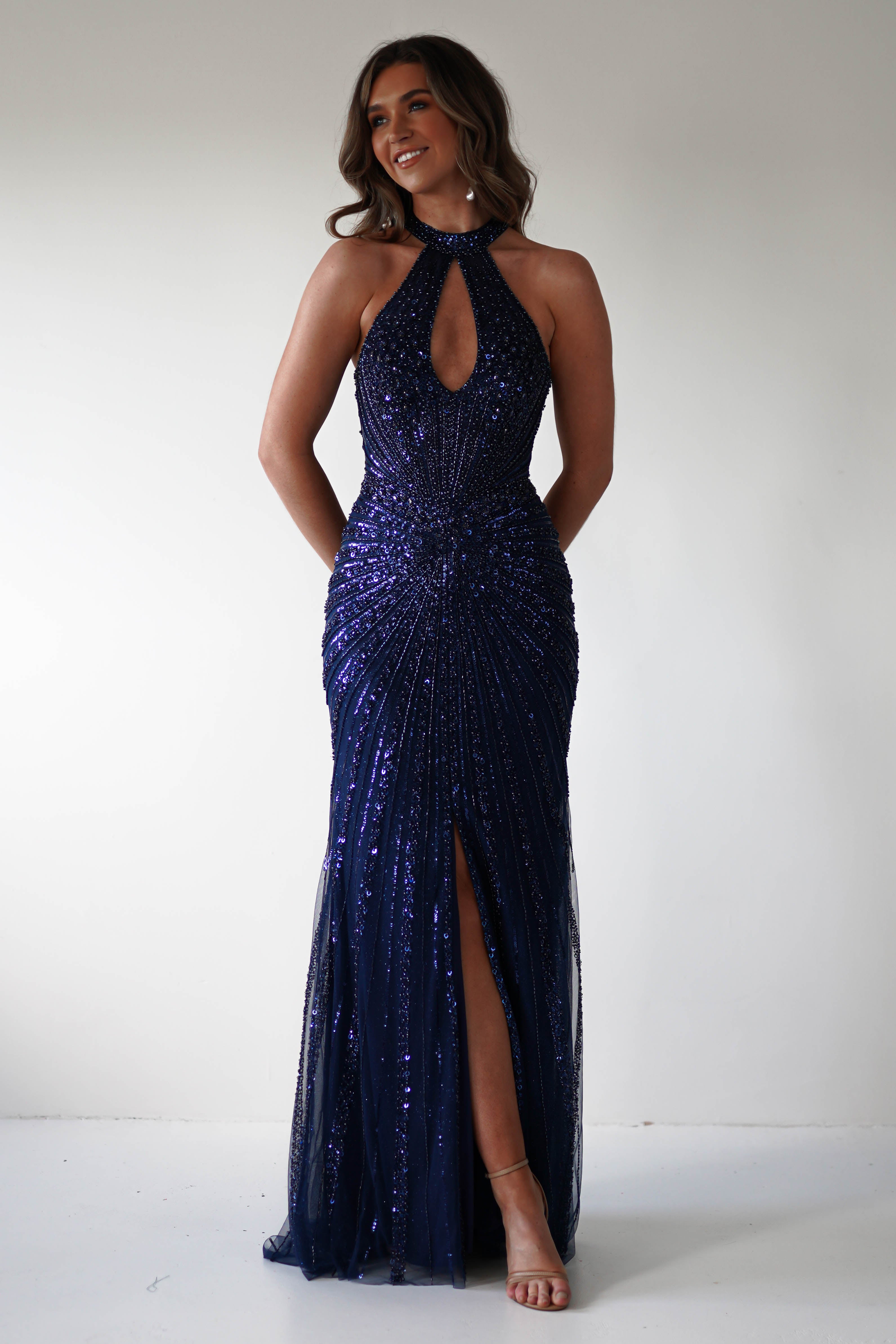 Santana Beaded Keyhole Gown | Midnight