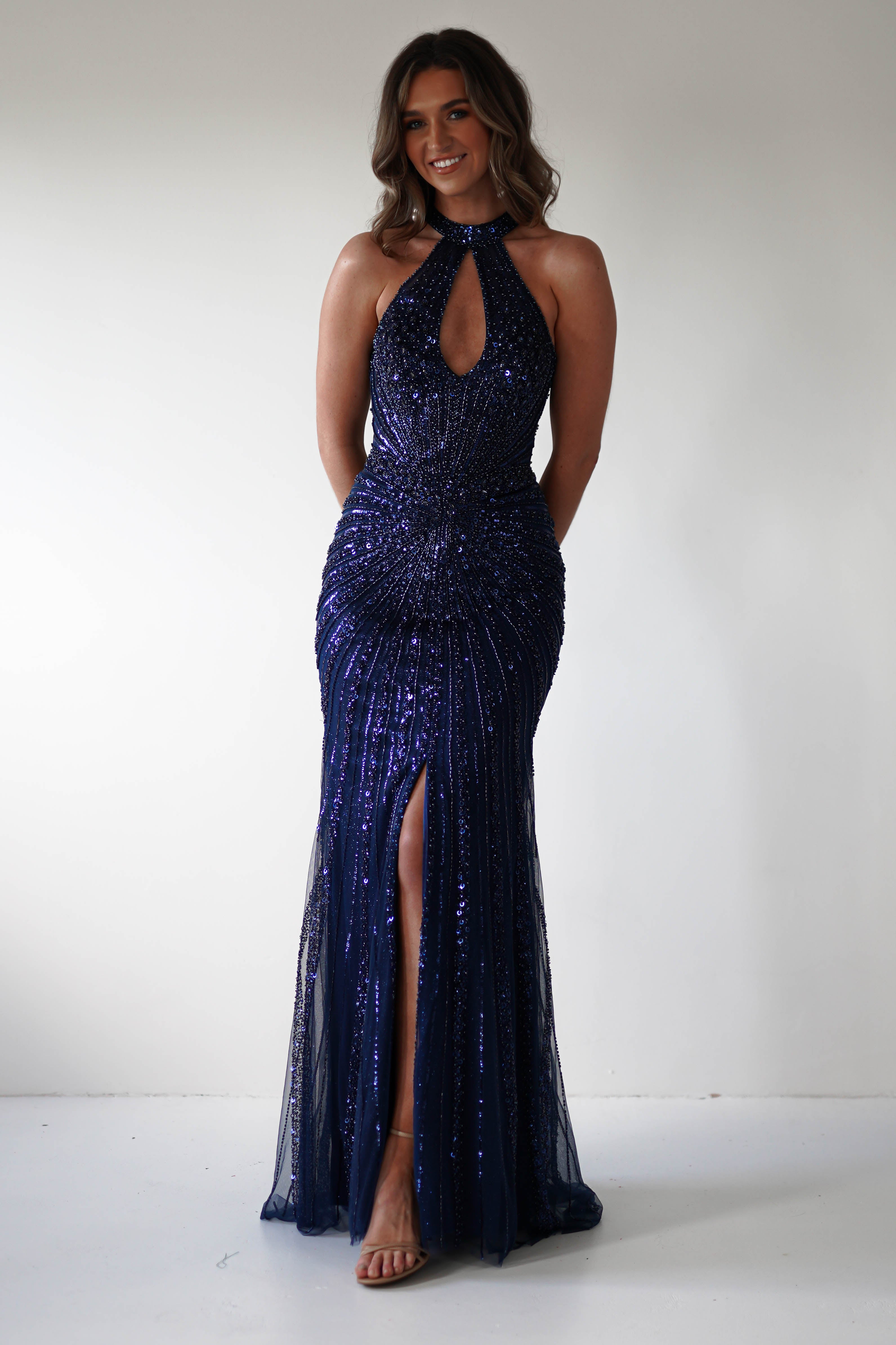 Santana Beaded Keyhole Gown | Midnight