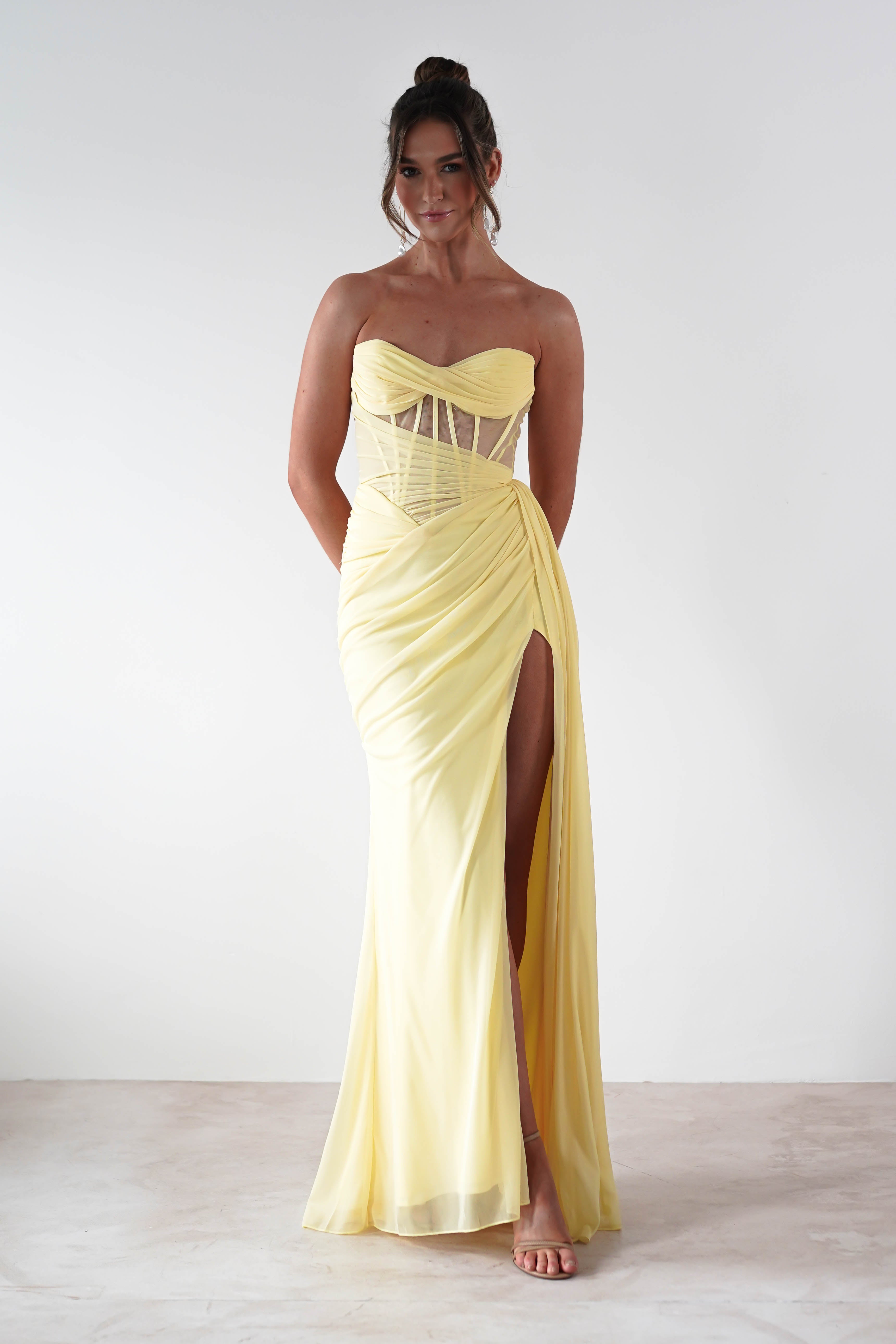 Robyn Draped Fitted Stapless Gown | Yellow