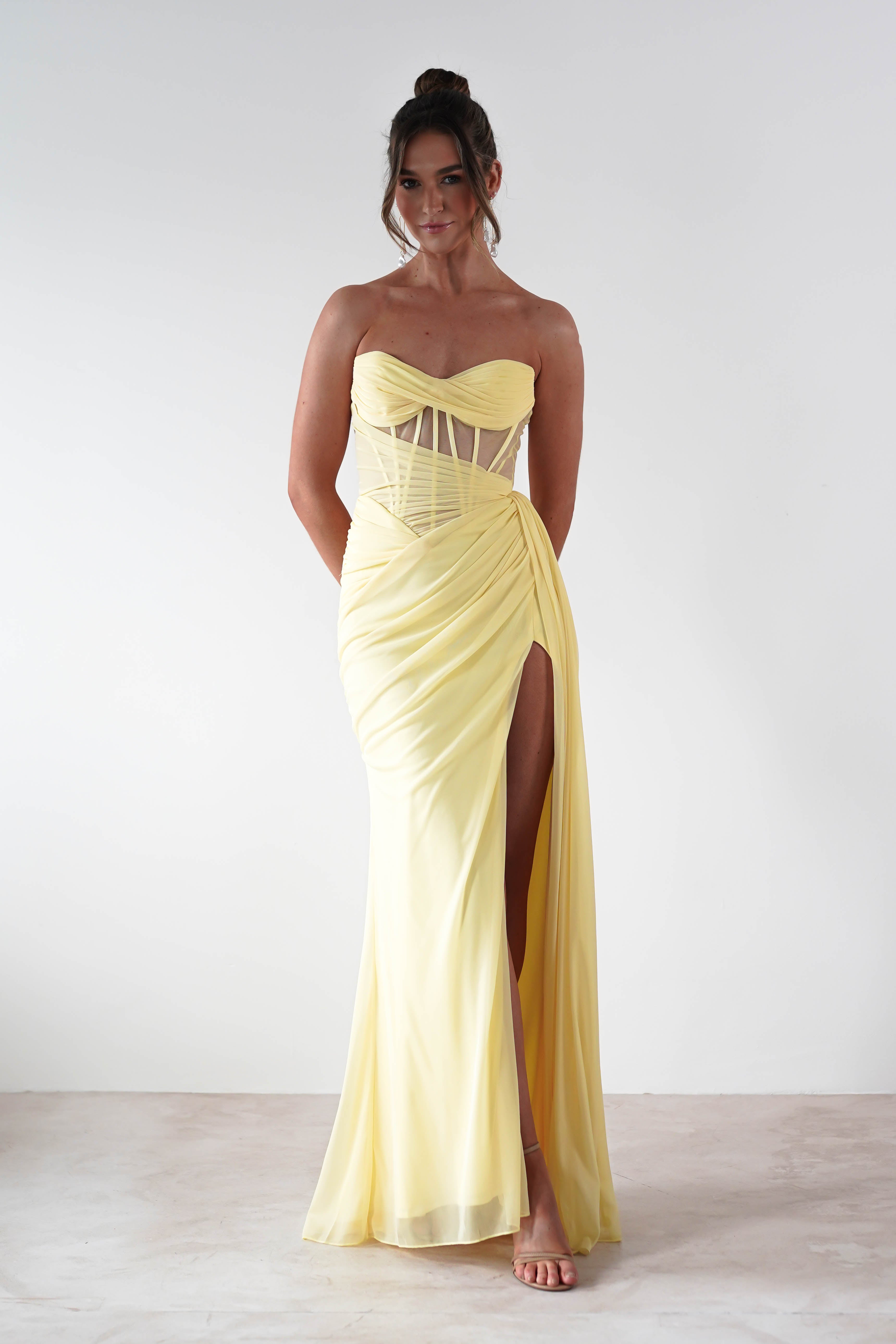 Robyn Draped Fitted Stapless Gown | Yellow