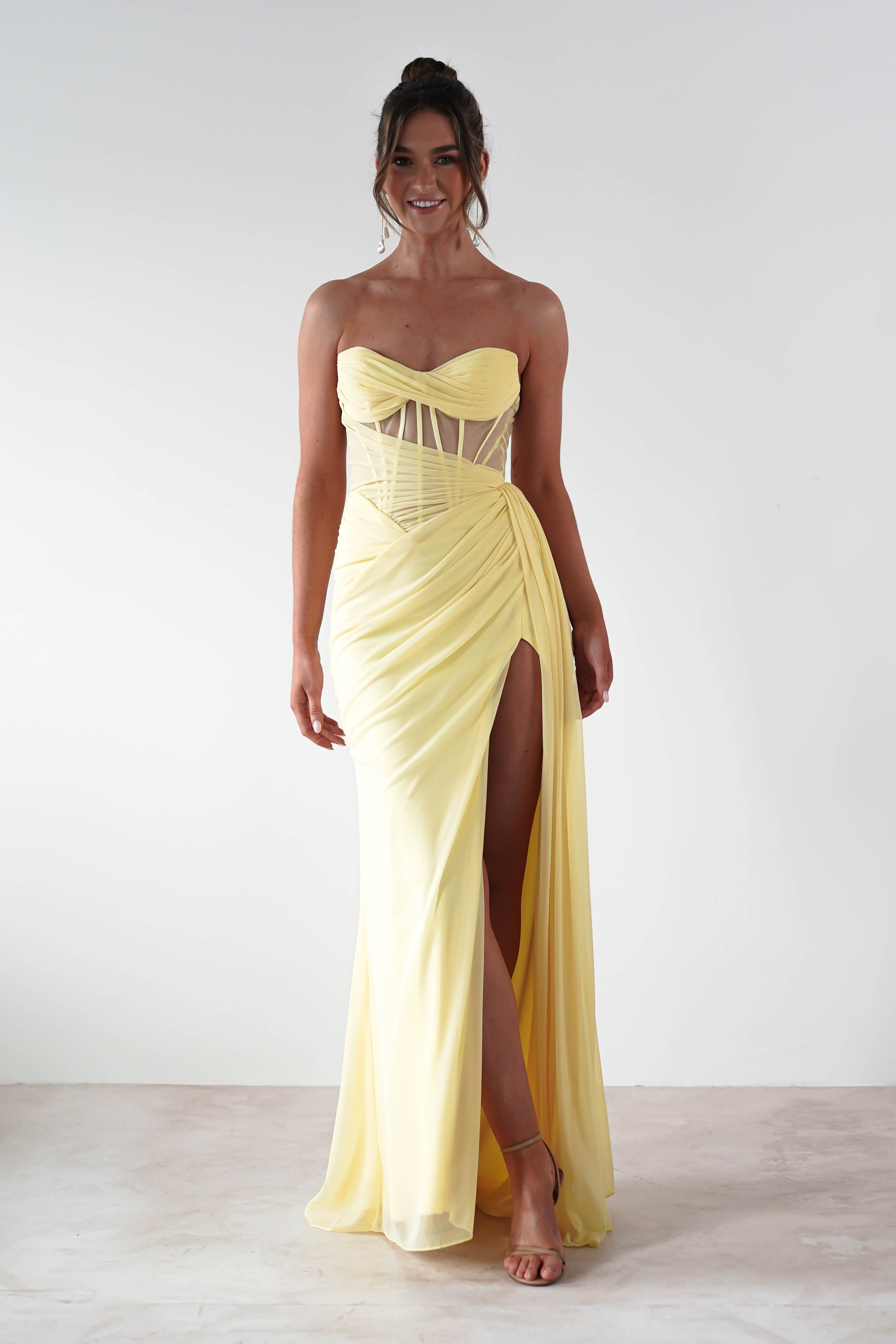 Robyn Draped Fitted Stapless Gown | Yellow