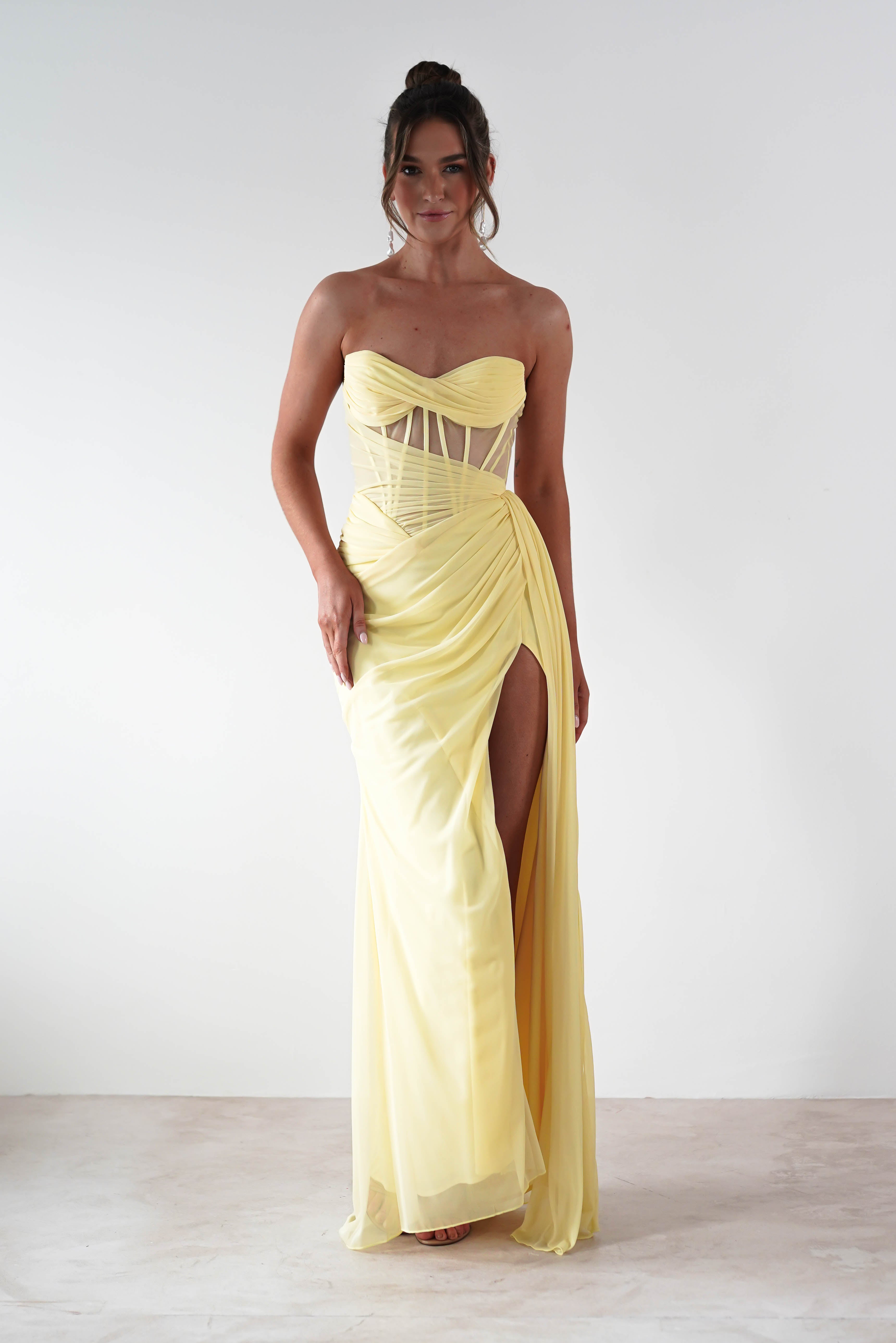 Robyn Draped Fitted Stapless Gown | Yellow