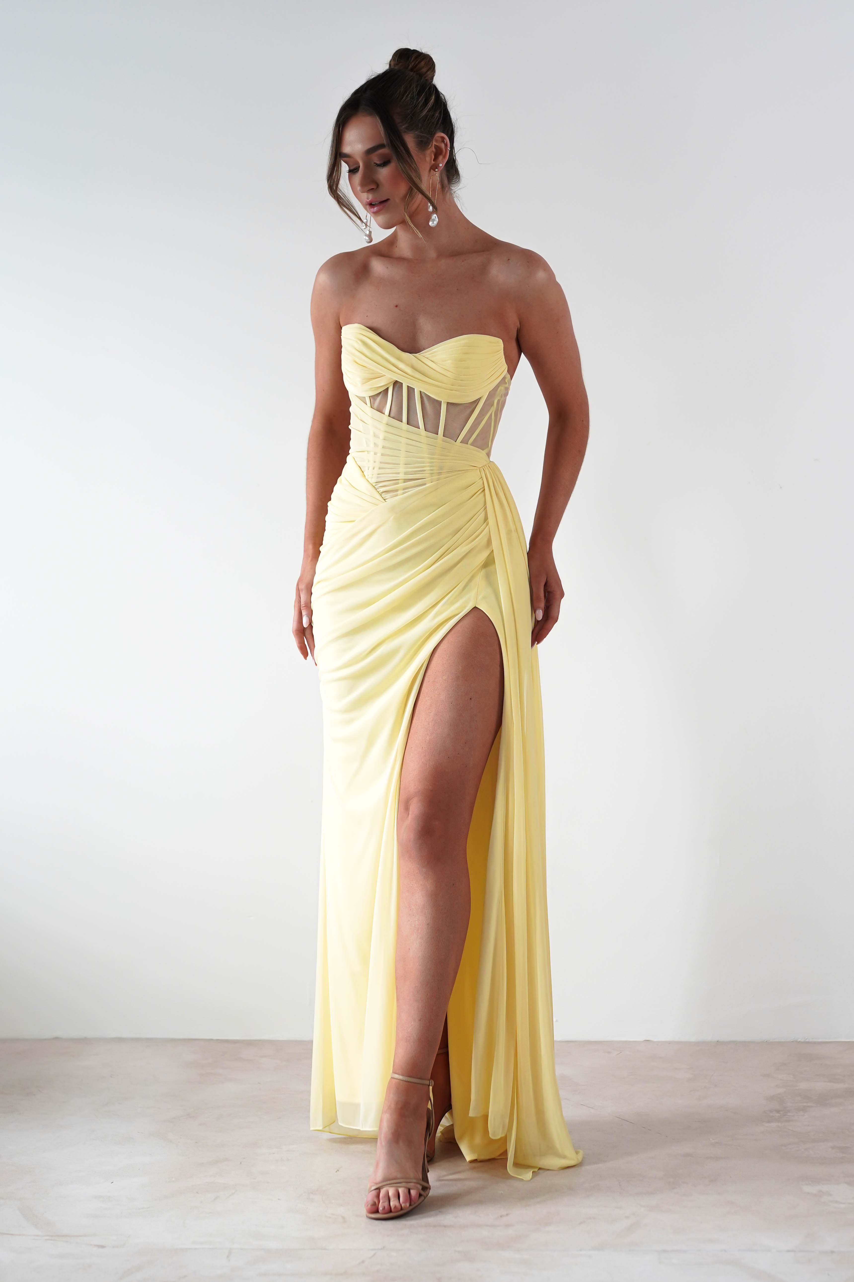 Robyn Draped Fitted Stapless Gown | Yellow