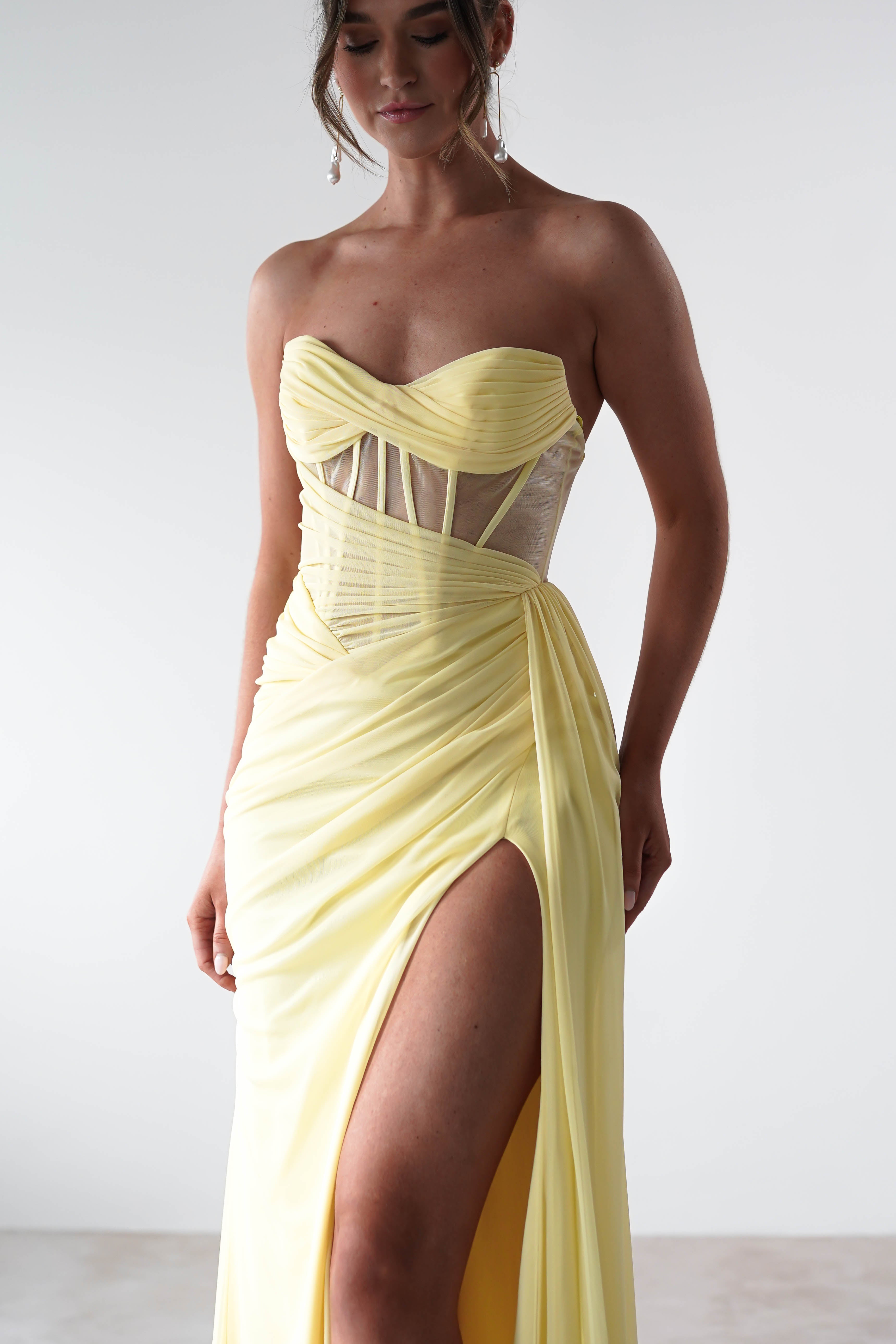 Robyn Draped Fitted Stapless Gown | Yellow