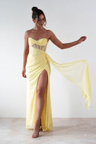 Robyn Draped Fitted Stapless Gown | Yellow | Debs & Prom | Formal Gown | Oh Hello Clothing