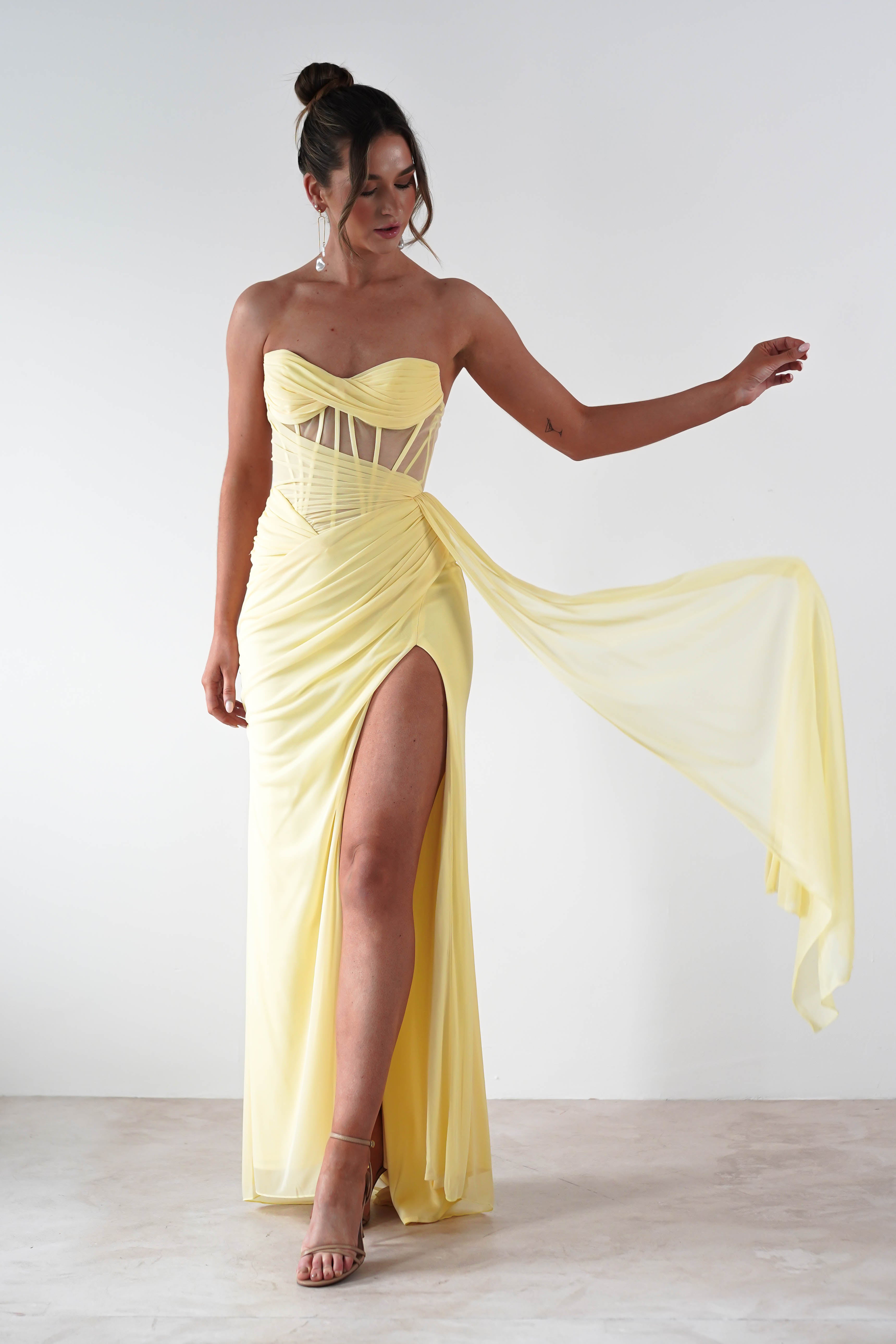 Robyn Draped Fitted Stapless Gown | Yellow