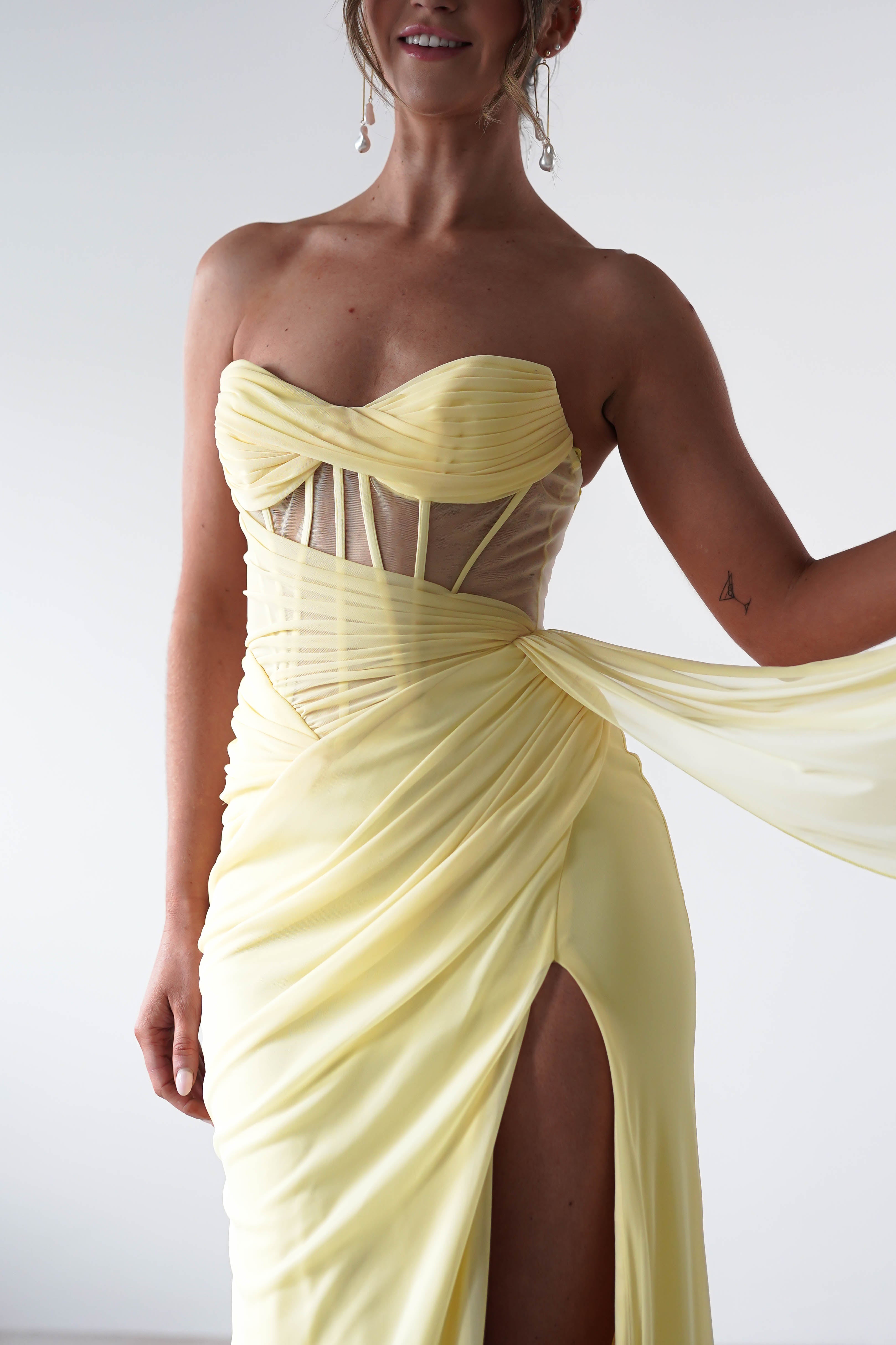 Robyn Draped Fitted Stapless Gown | Yellow