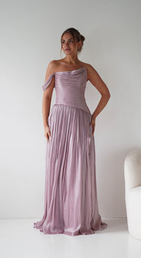 Oh Hello Clothing Women > Clothing > Dresses 1* DONE -CD409- Mauve One-Shoulder Pleated Maxi Dress with Slit