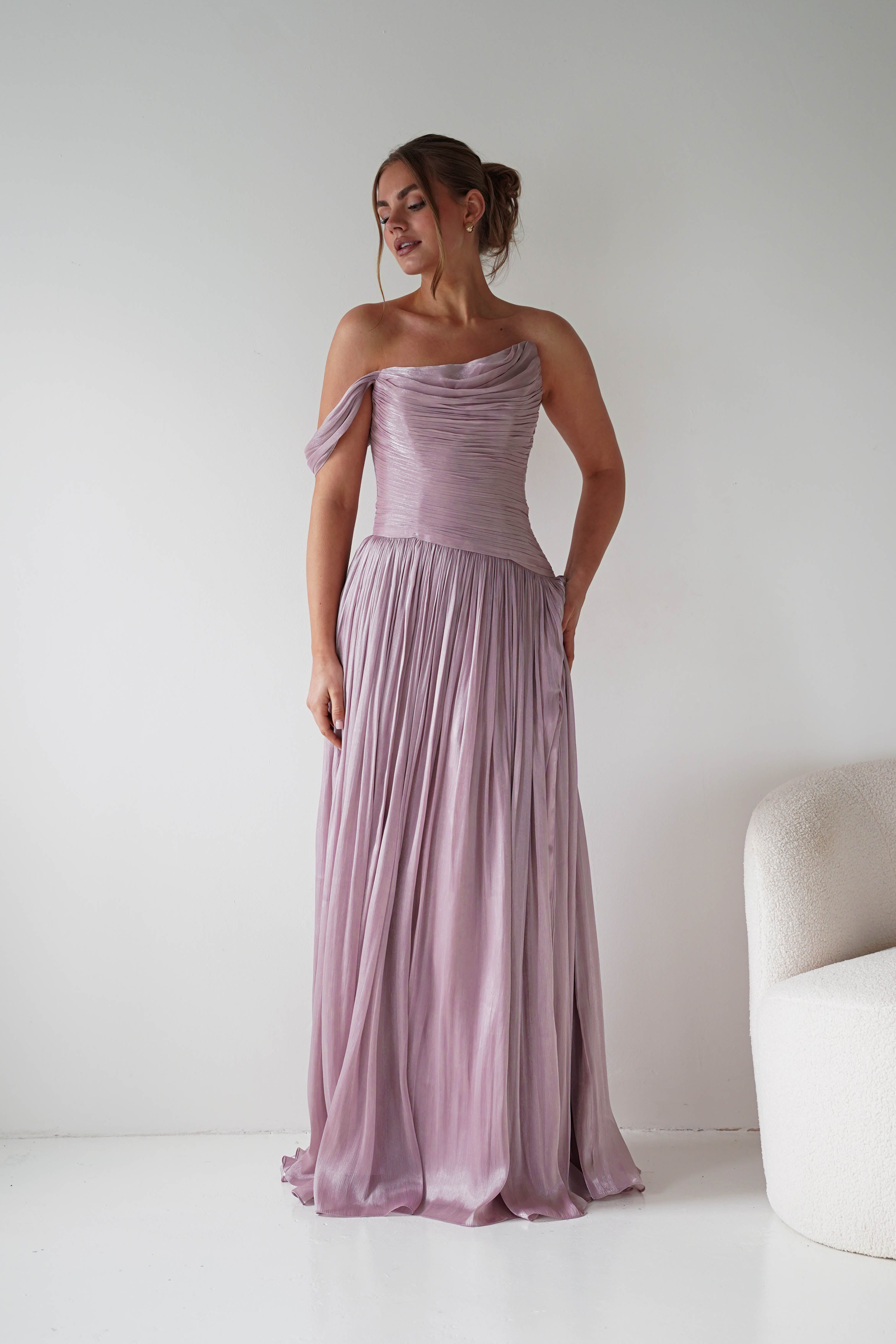 Oh Hello Clothing Women > Clothing > Dresses 1* DONE -CD409- Mauve One-Shoulder Pleated Maxi Dress with Slit