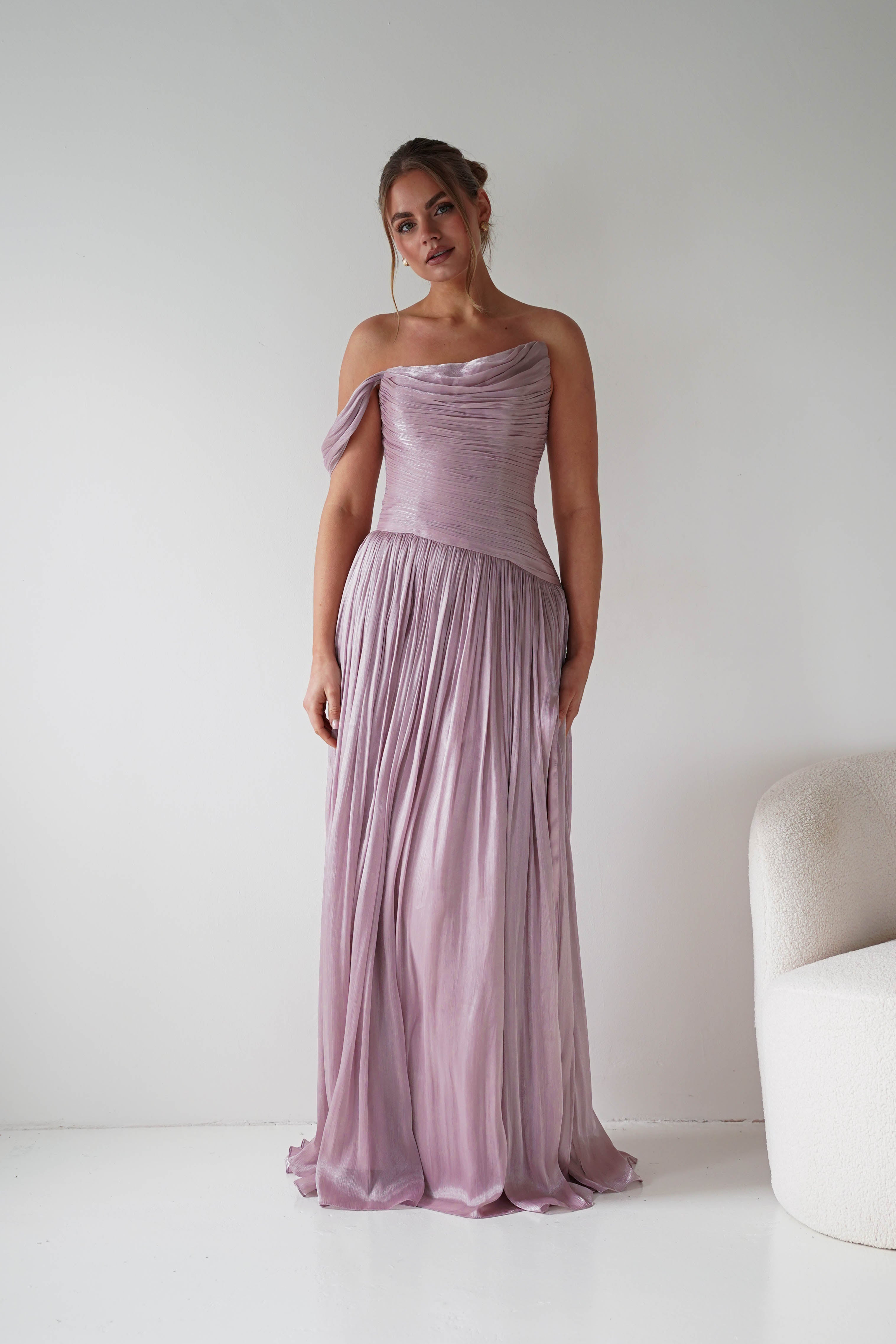 Oh Hello Clothing Women > Clothing > Dresses 1* DONE -CD409- Mauve One-Shoulder Pleated Maxi Dress with Slit