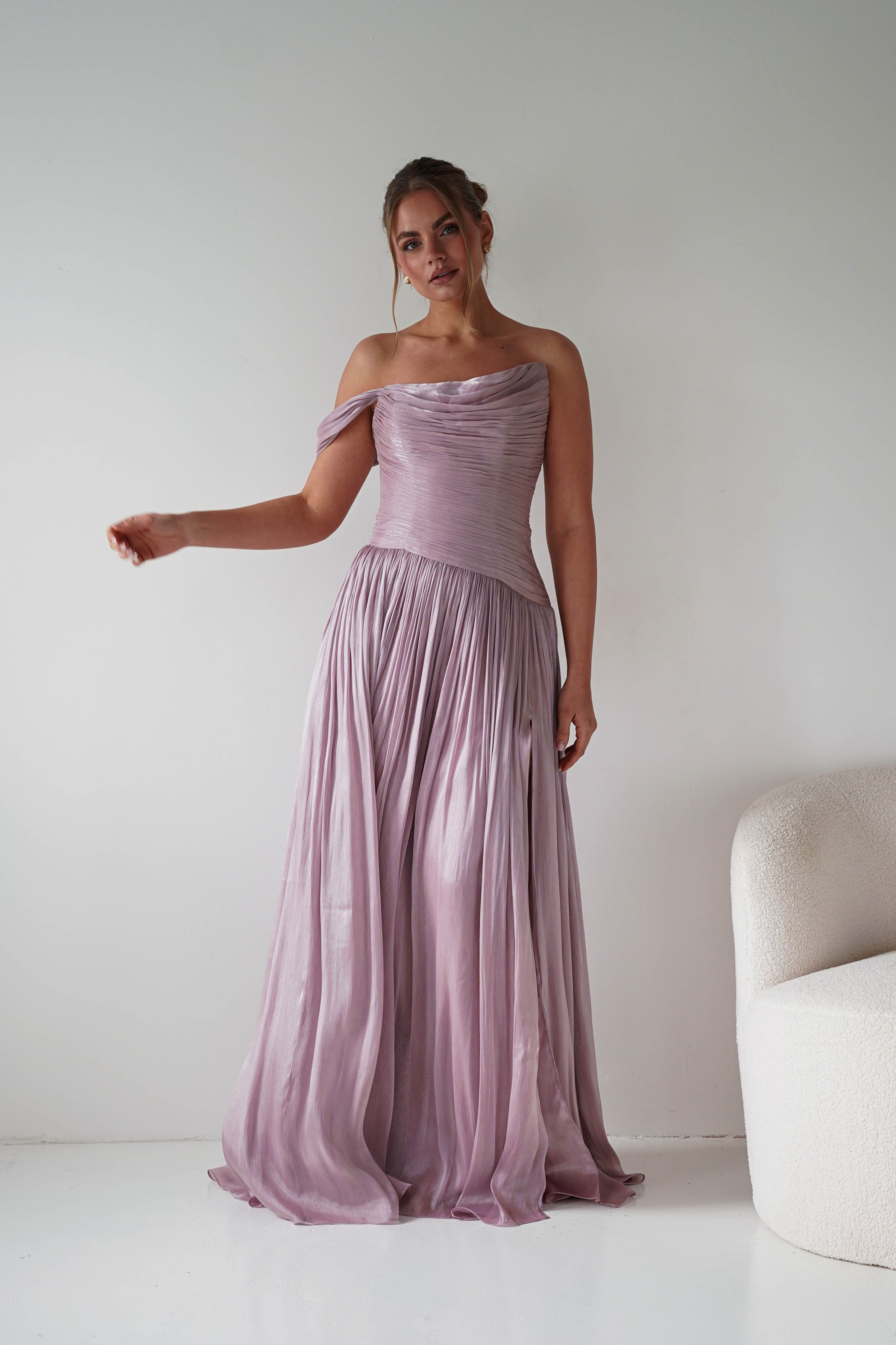 Oh Hello Clothing Women > Clothing > Dresses 1* DONE -CD409- Mauve One-Shoulder Pleated Maxi Dress with Slit