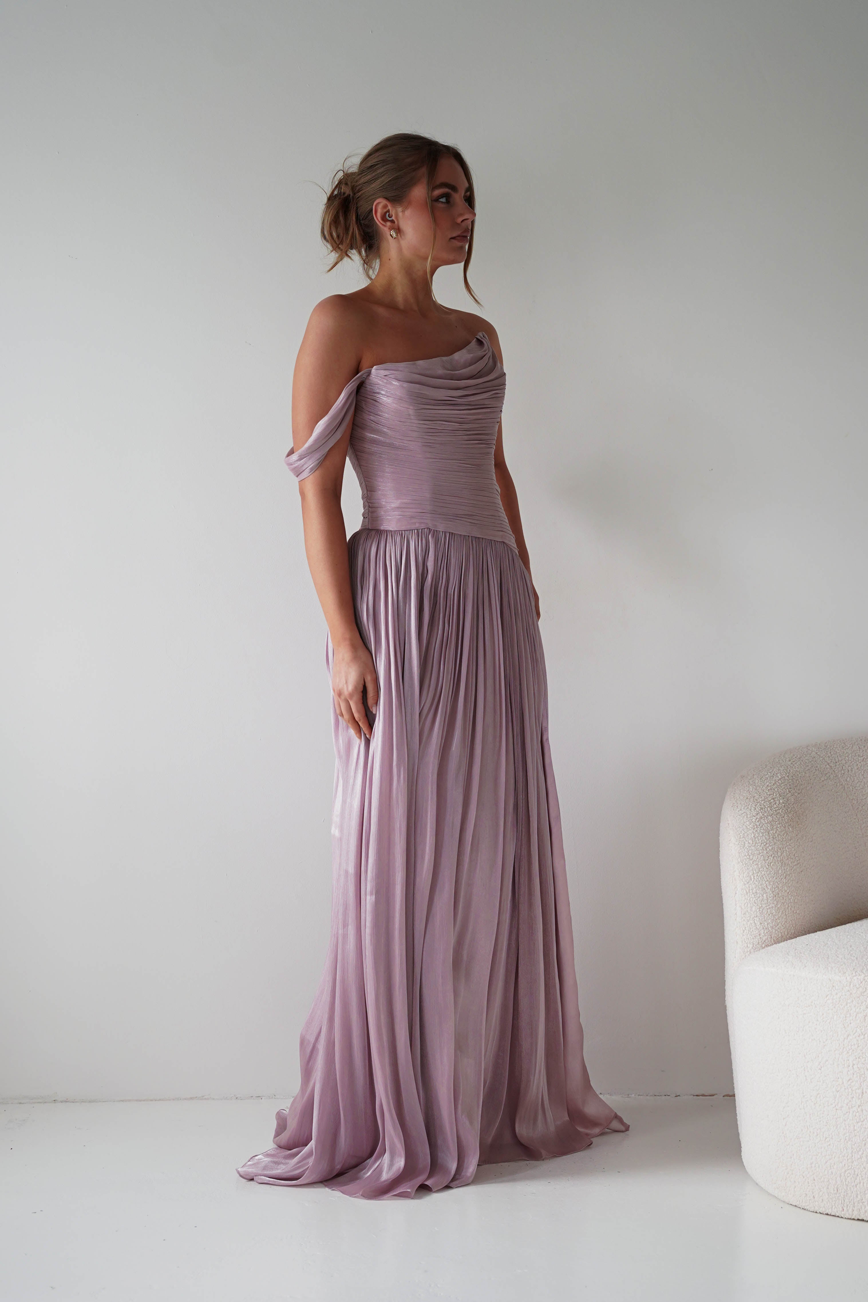 Oh Hello Clothing Women > Clothing > Dresses 1* DONE -CD409- Mauve One-Shoulder Pleated Maxi Dress with Slit