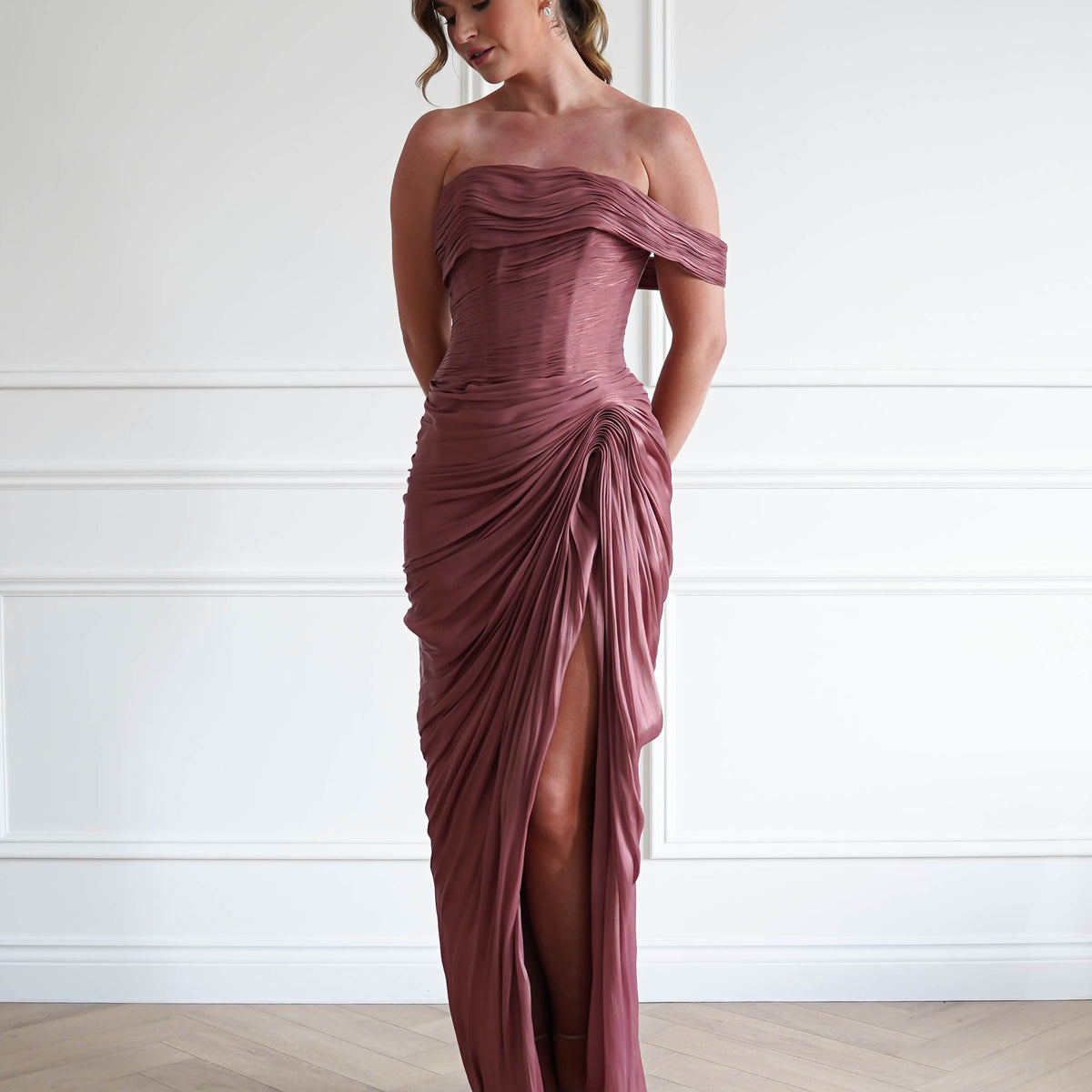 ruched dress long CD416 - Penny Draped Maxi Gown Gorgeous Sparkle Glitter Knit This designer gown is BUY1GET1 US Sizek:4