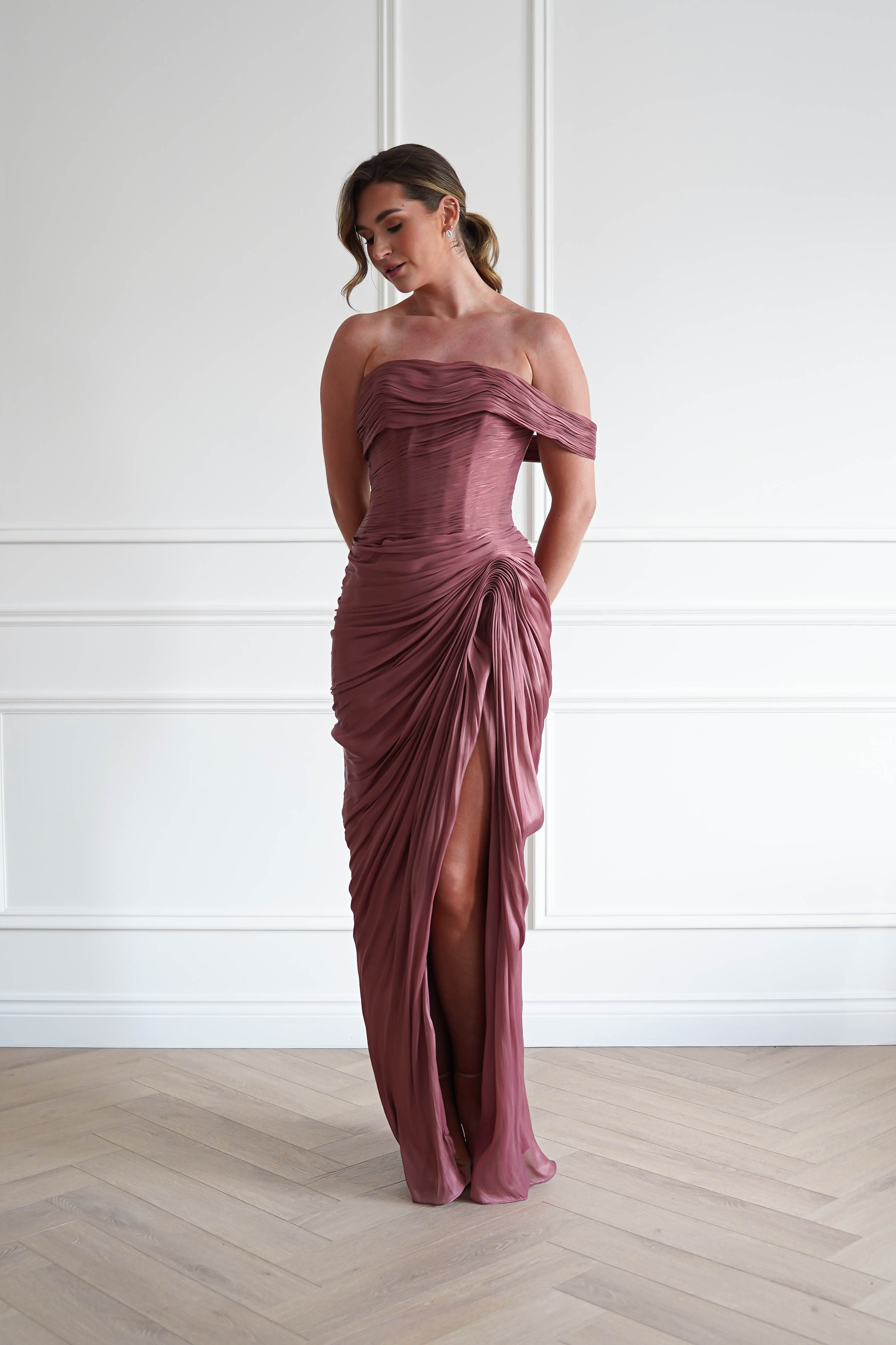 Oh Hello Clothing Dresses > Prom Dresses 1*DONE-CD416- SIENNA ROSE Ruched Draped Maxi Dress