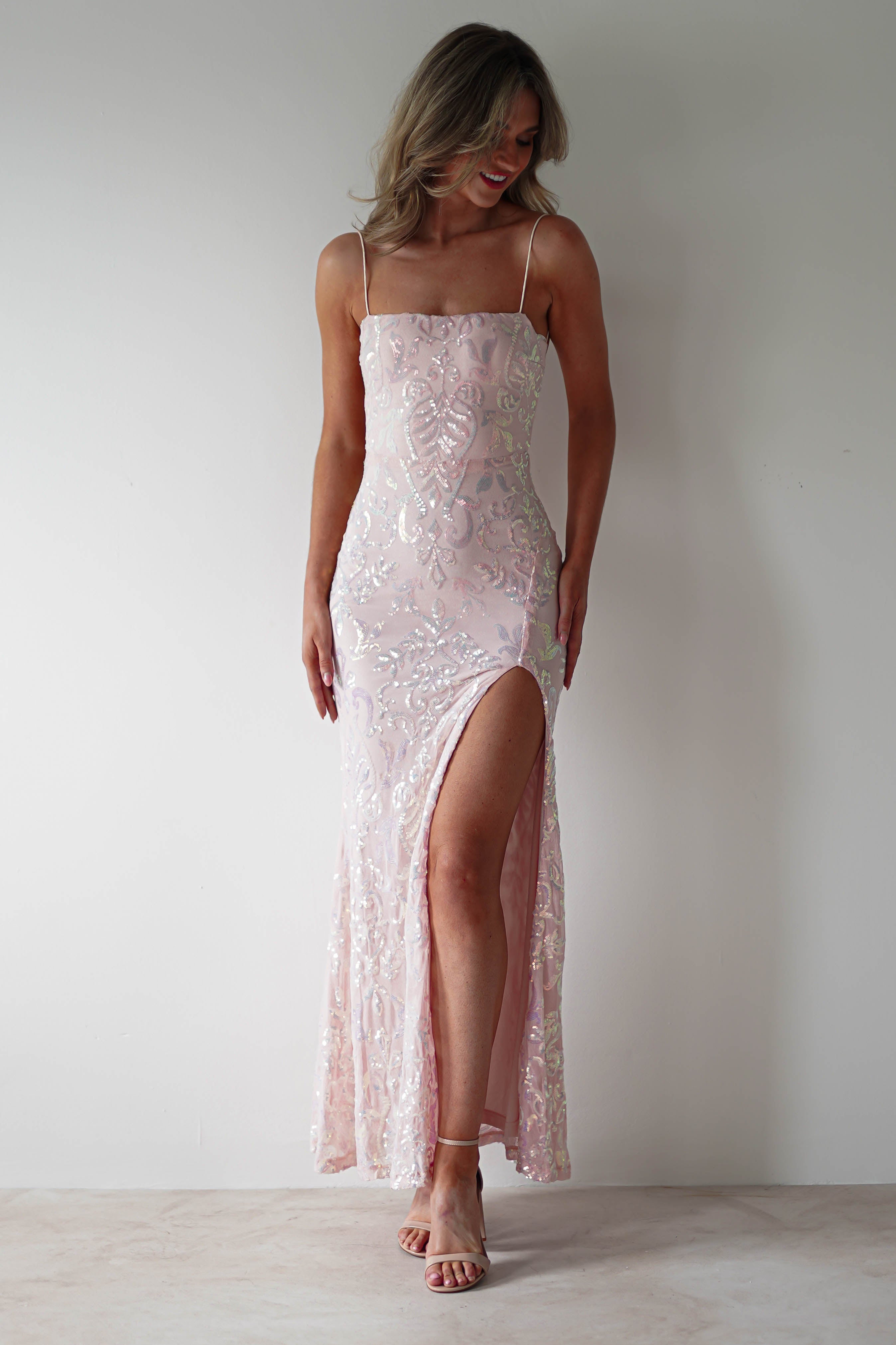 Kaeli Iridescent Open Back Sequin Dress | Pink