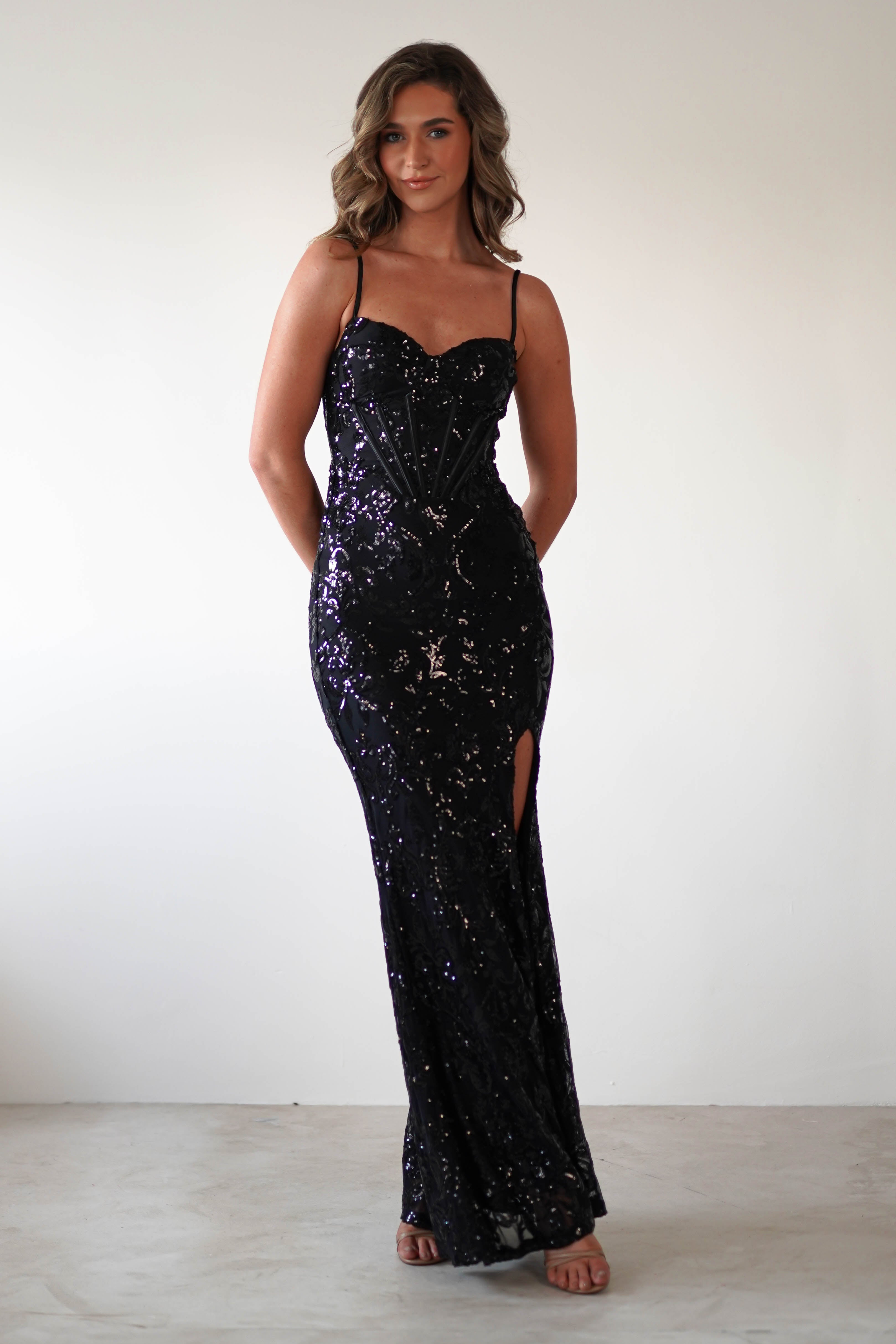 Isabel Sequin Corset Gown | Black