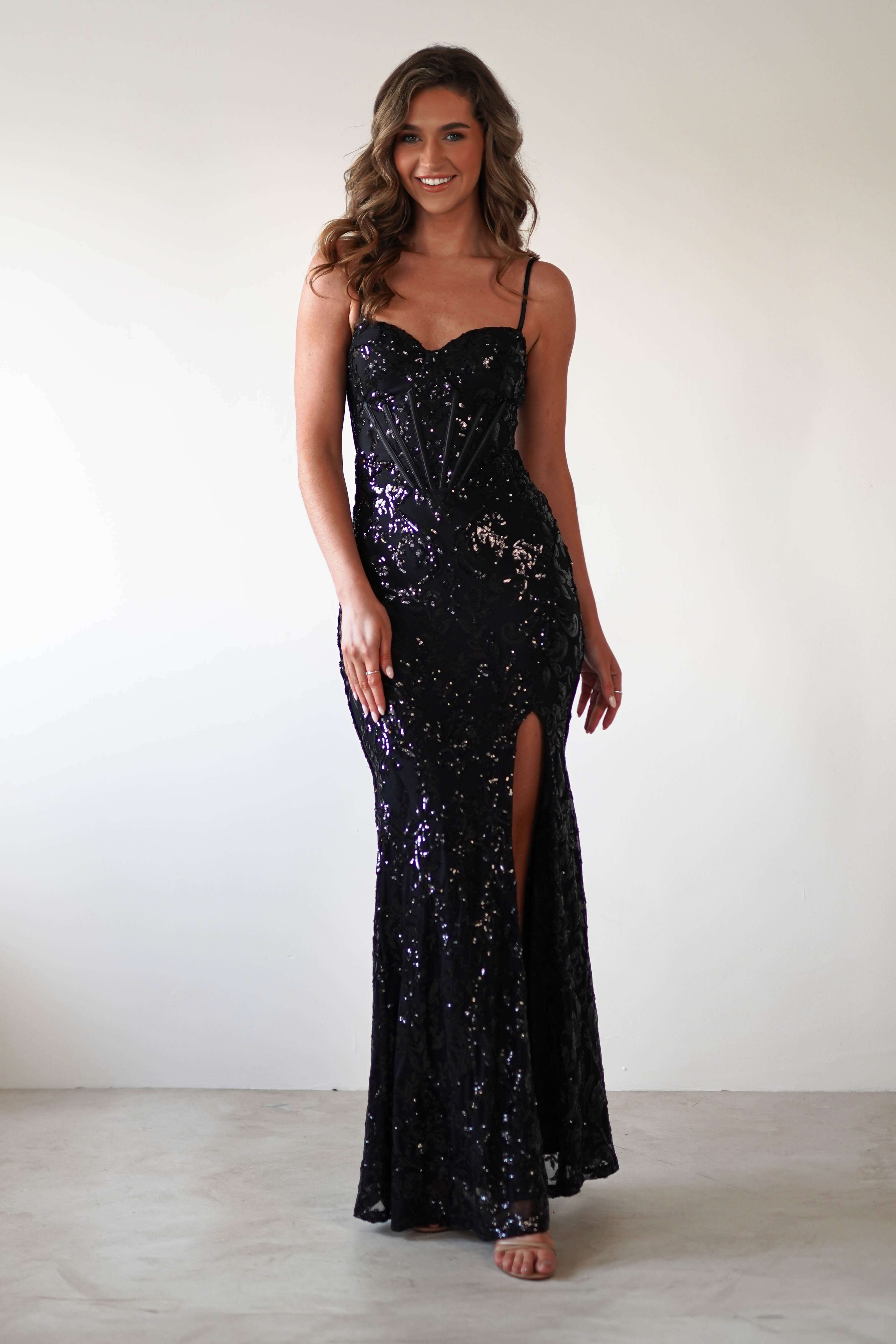 Isabel Sequin Corset Gown | Black