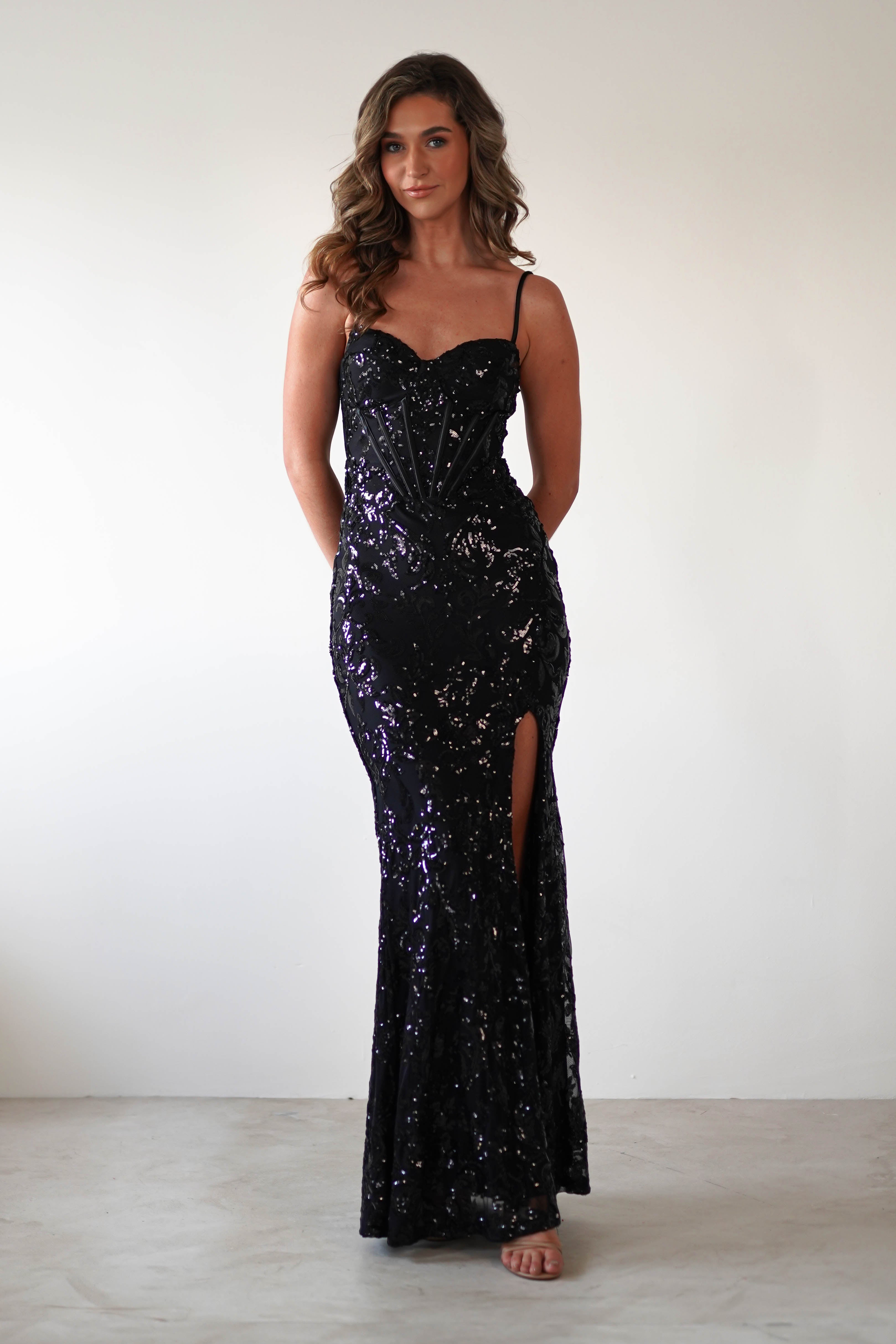 Isabel Sequin Corset Gown | Black