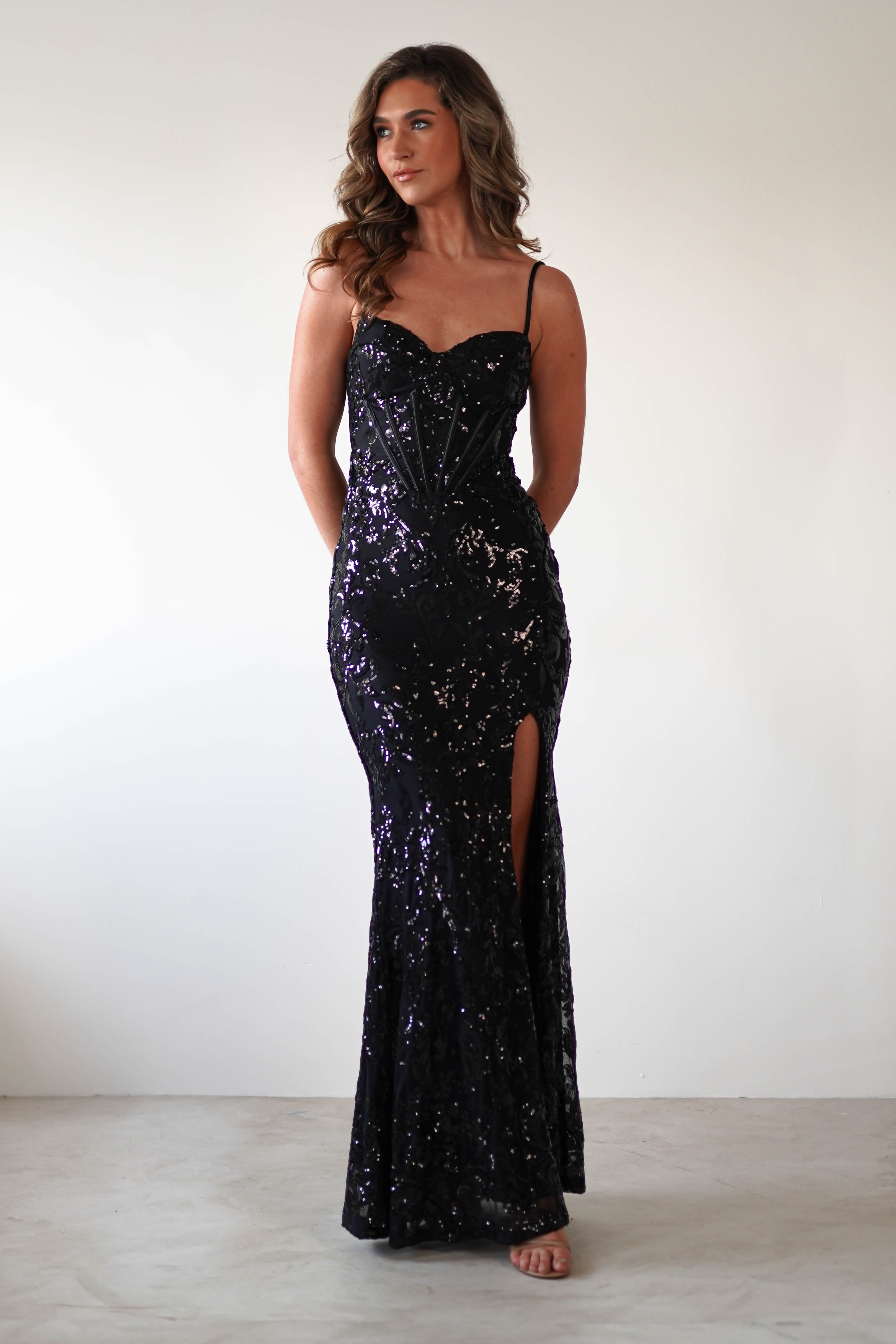 Isabel Sequin Corset Gown | Black