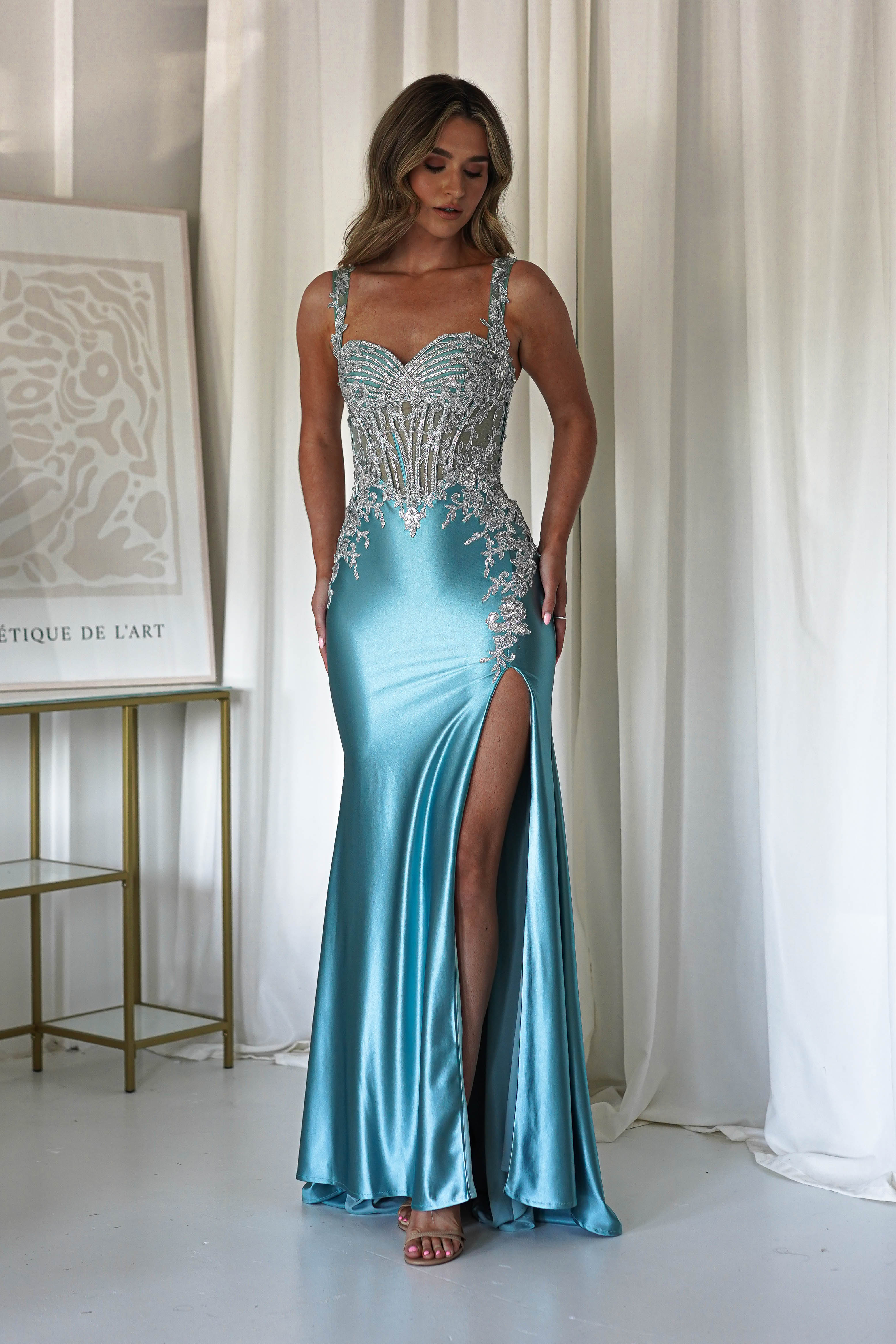 Rhodes Embellished Bodycon Gown | Robin Blue | Oh Hello Clothing | XS (6)
