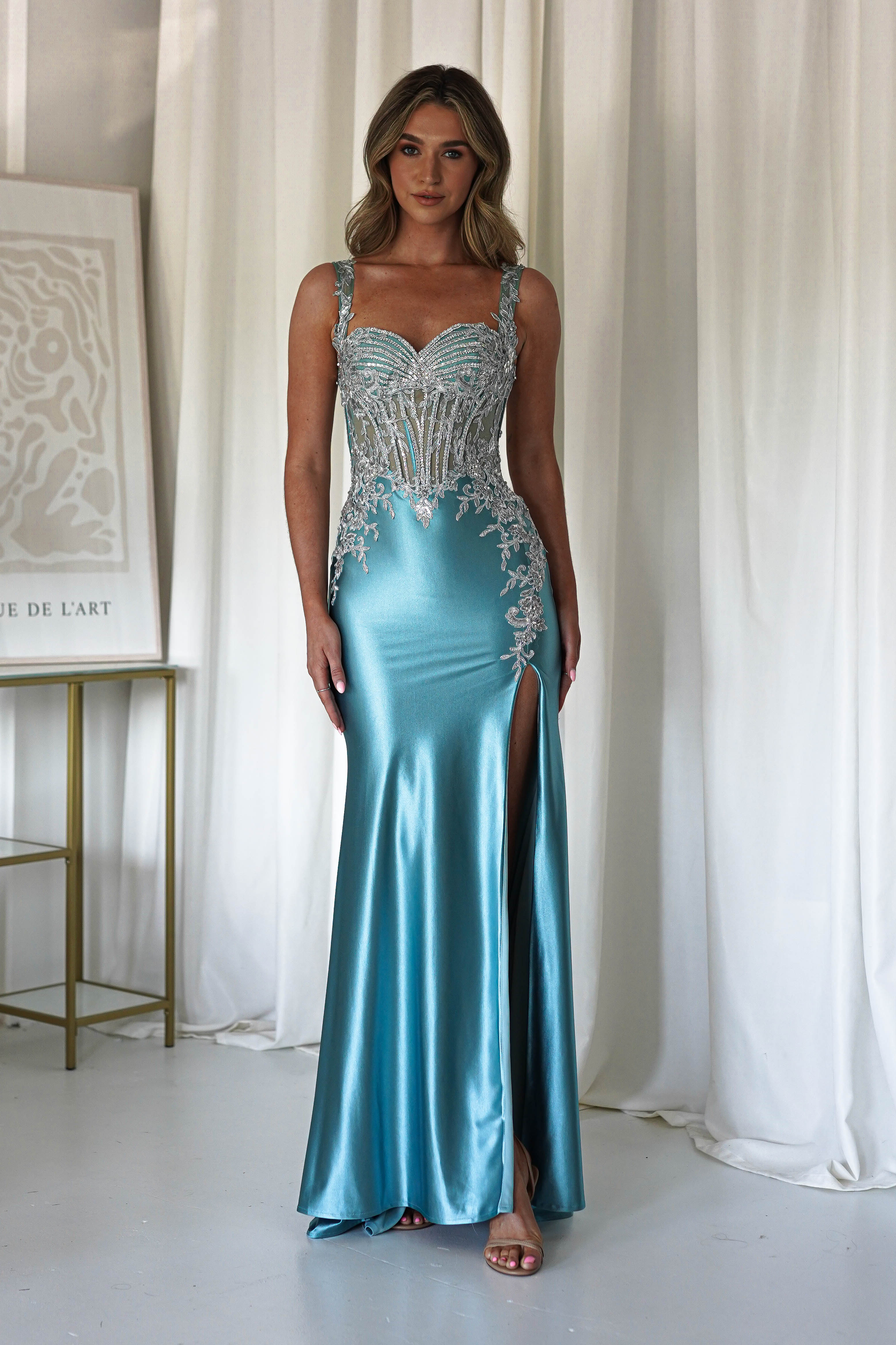 Rhodes Embellished Bodycon Gown | Robin Blue | Oh Hello Clothing | XS (6)