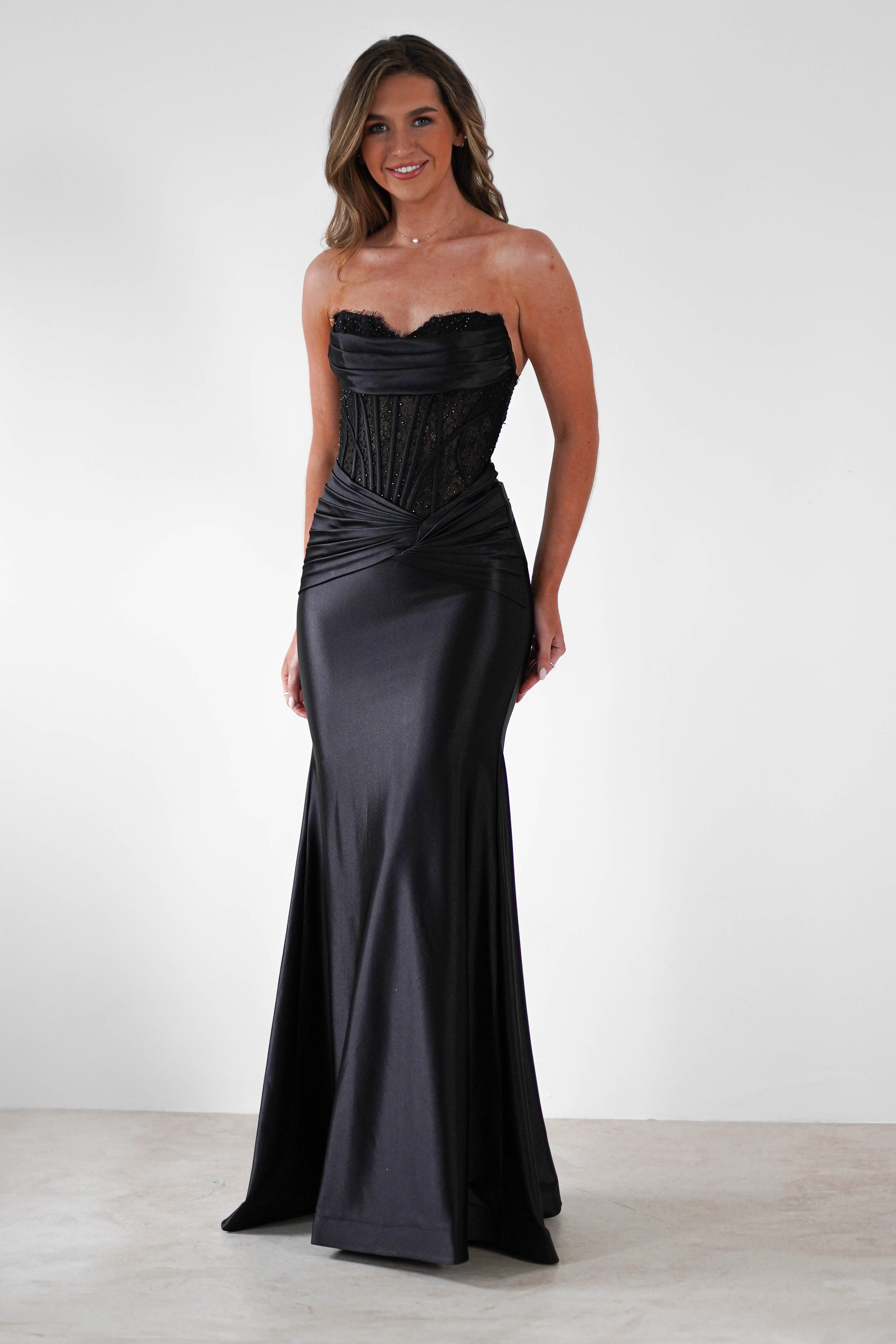 Misha Strapless Lace Detail Gown | Black