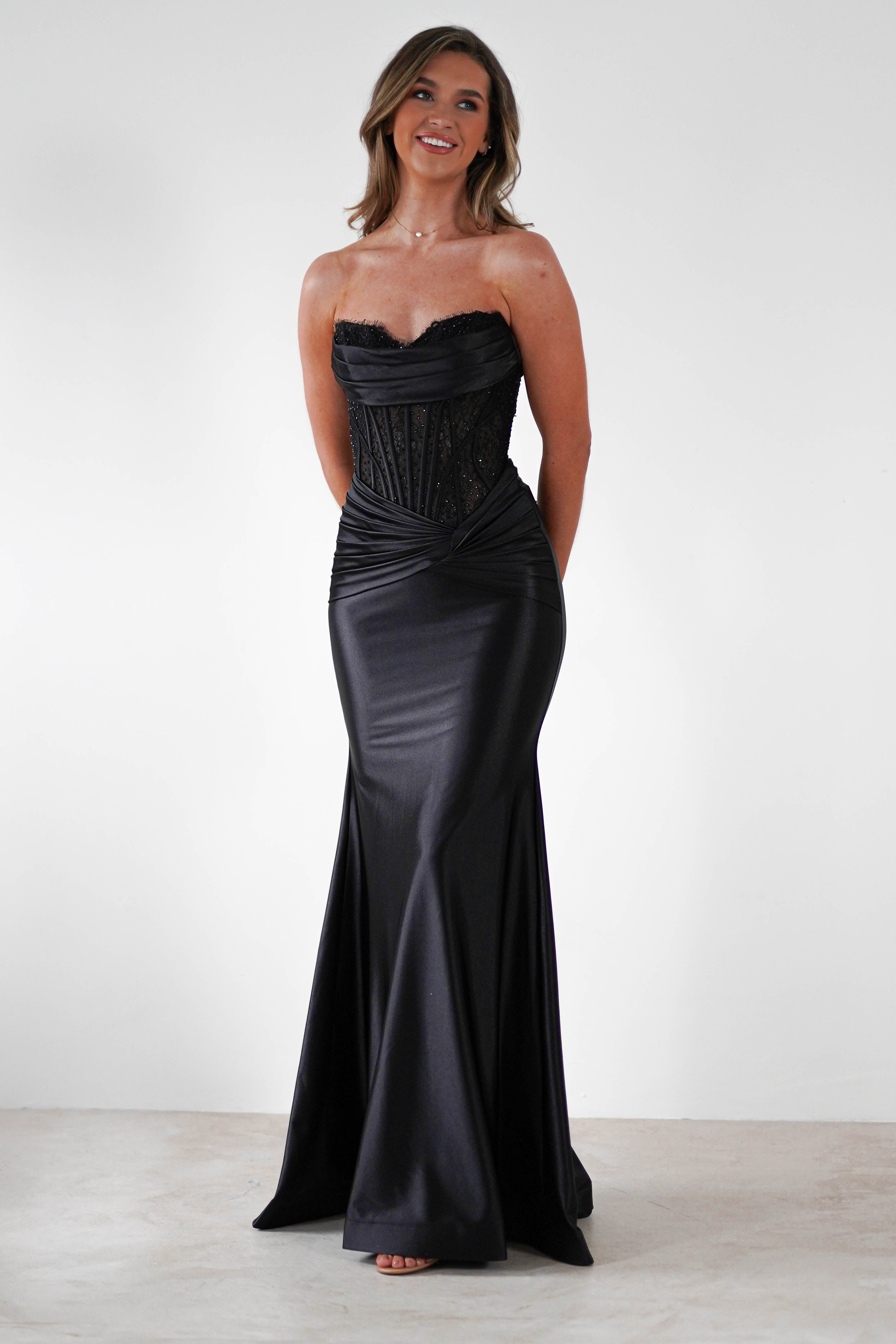 Misha Strapless Lace Detail Gown | Black