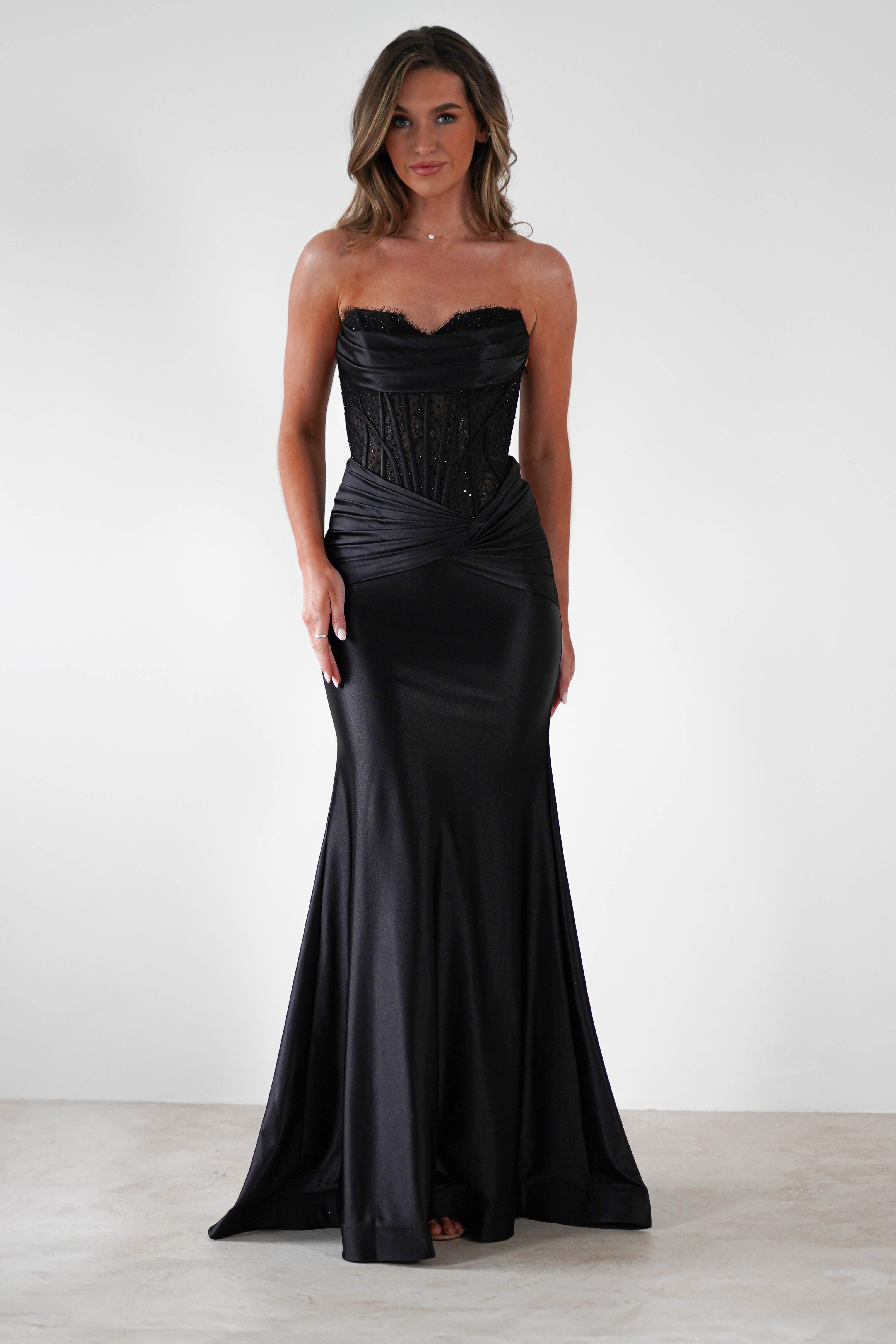 Misha Strapless Lace Detail Gown | Black