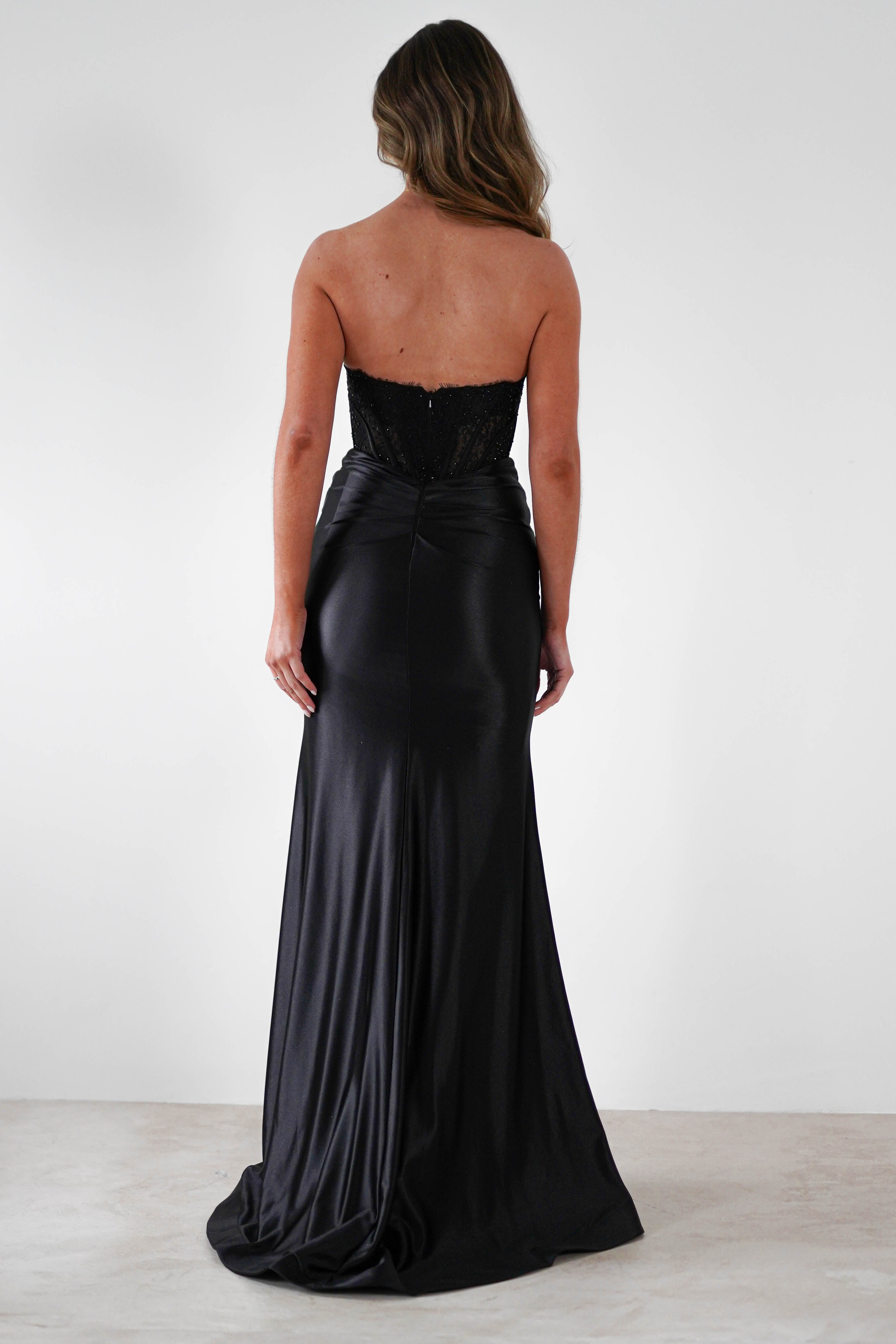 Misha Strapless Lace Detail Gown | Black