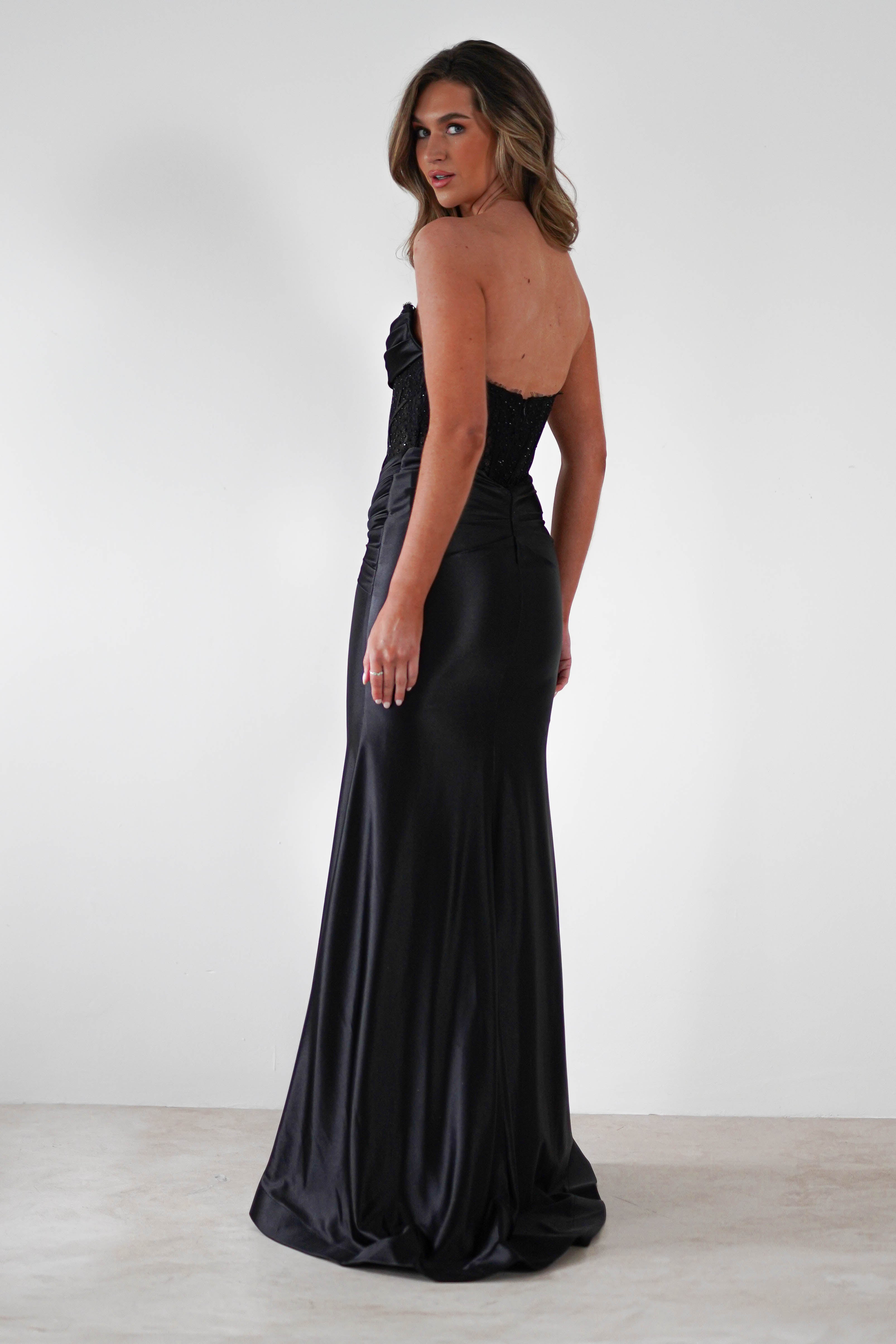 Misha Strapless Lace Detail Gown | Black