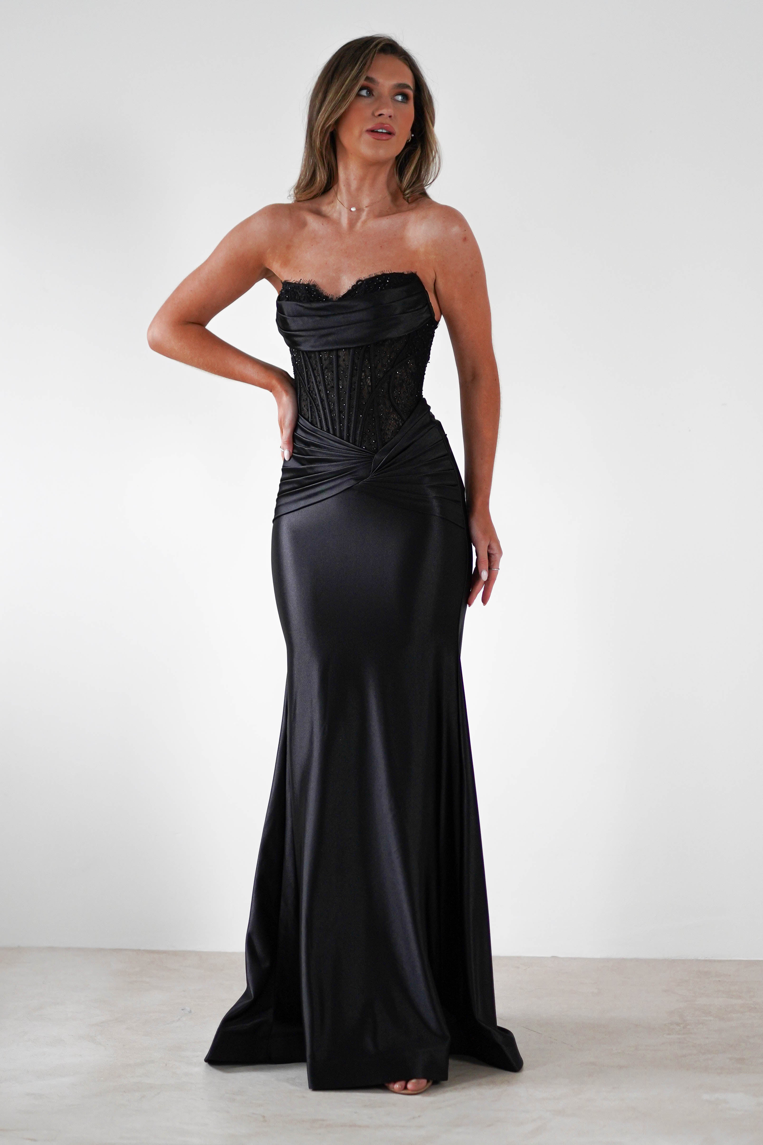 Misha Strapless Lace Detail Gown | Black