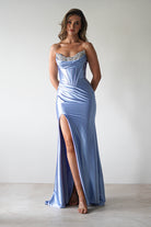Pranvera Embellished Micro Crystal Gown | Dusty Blue | Debs & Prom | Formal Gown | Oh Hello Clothing